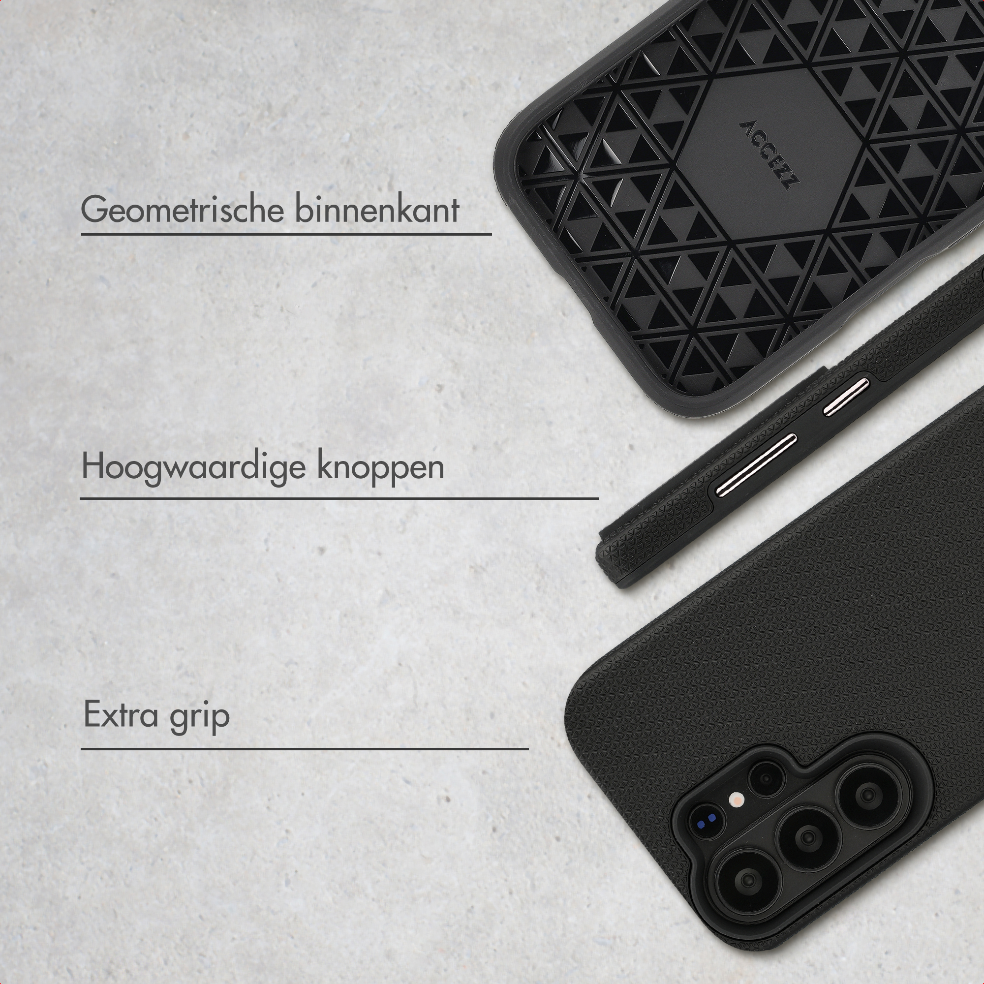 Custodia per telefono nera con motivo geometrico e pulsanti.