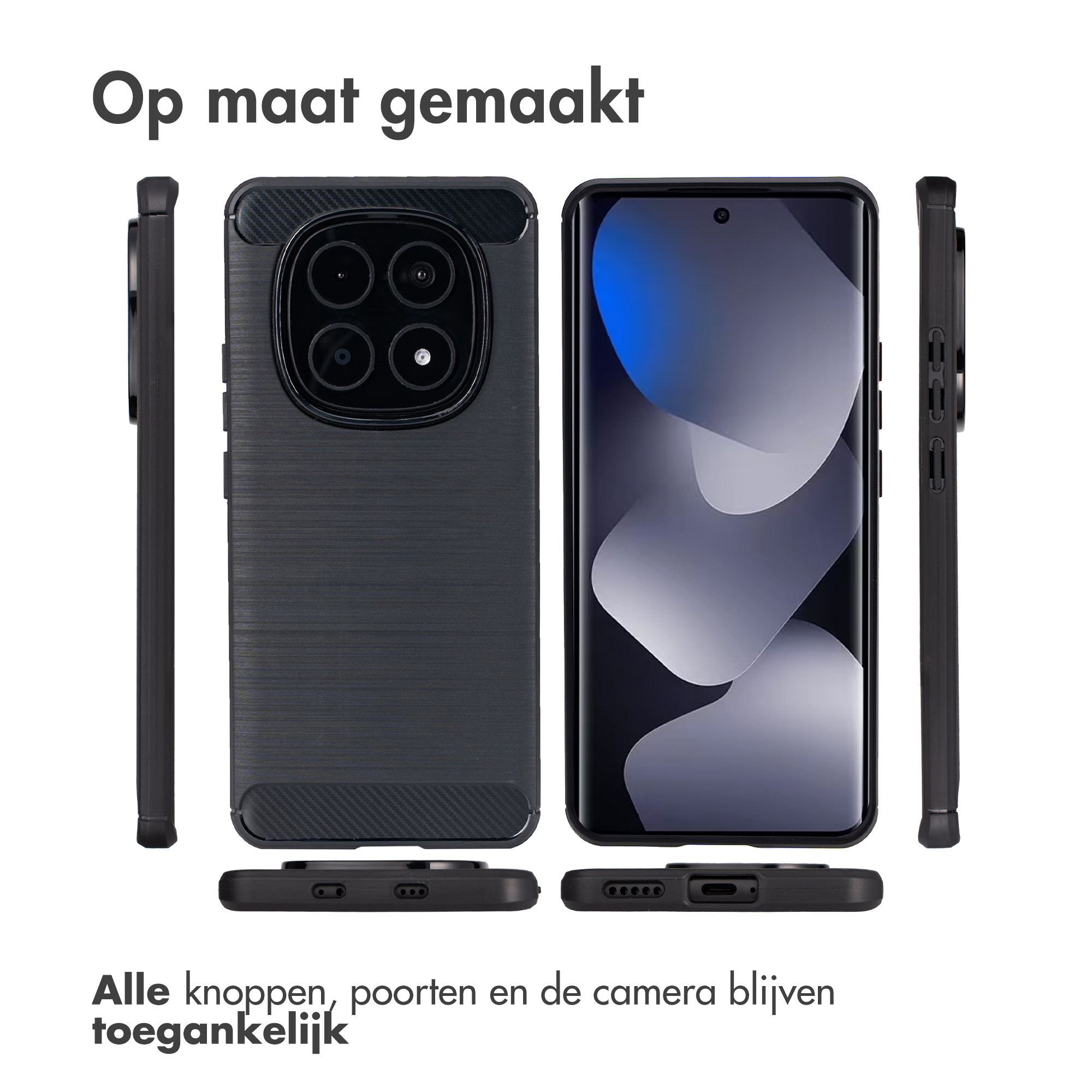 Una custodia per telefono mostrata frontalmente, posteriormente e lateralmente.