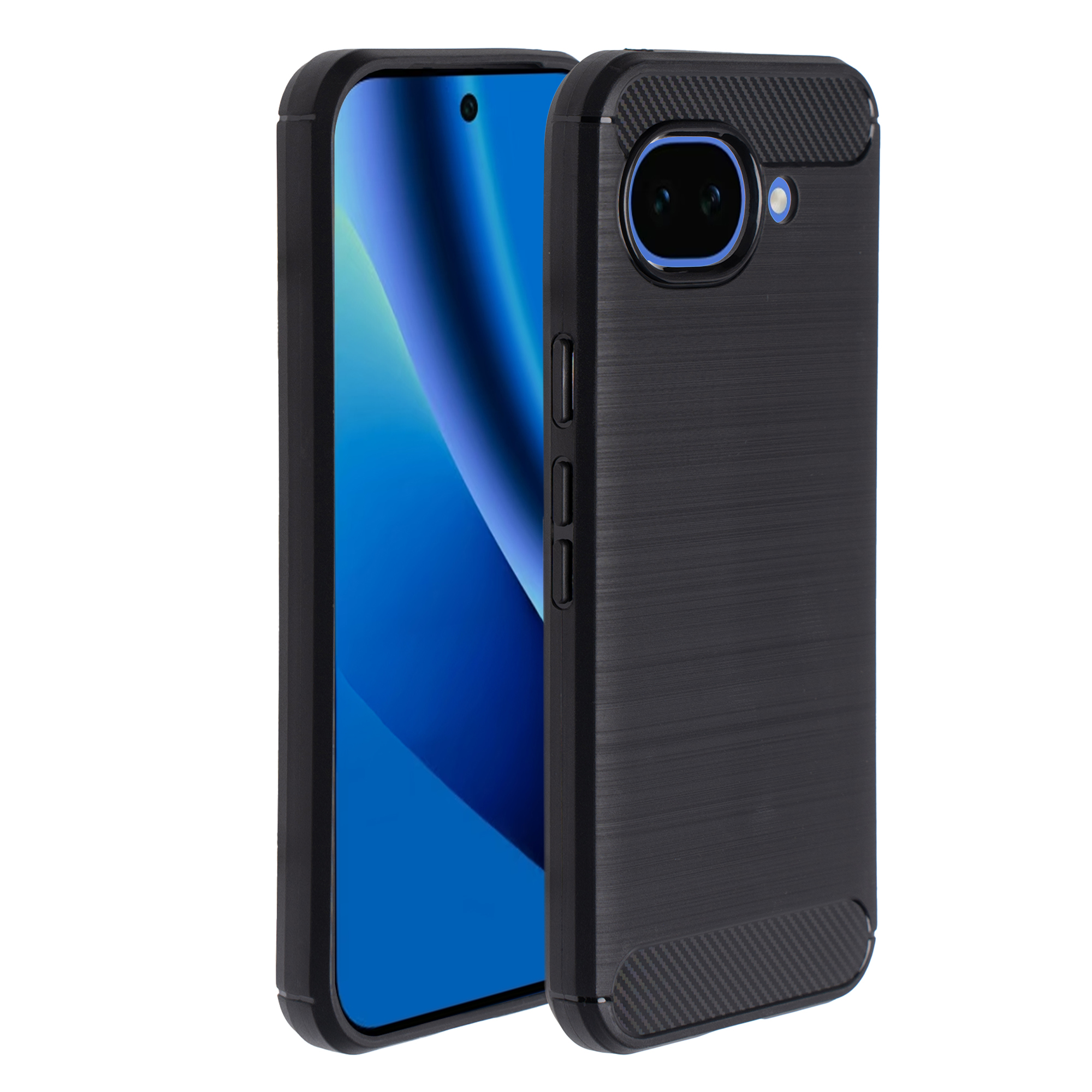 Zwarte telefoon met camera's achteraan en blauw scherm. Wit geïsoleerd.