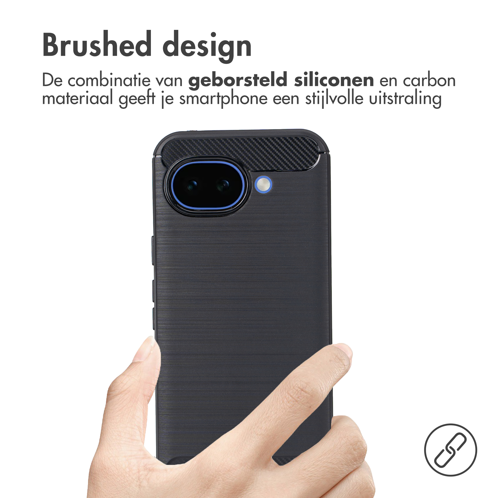 Zwarte telefoonhoes met geborstelde afwerking en carbon accenten.