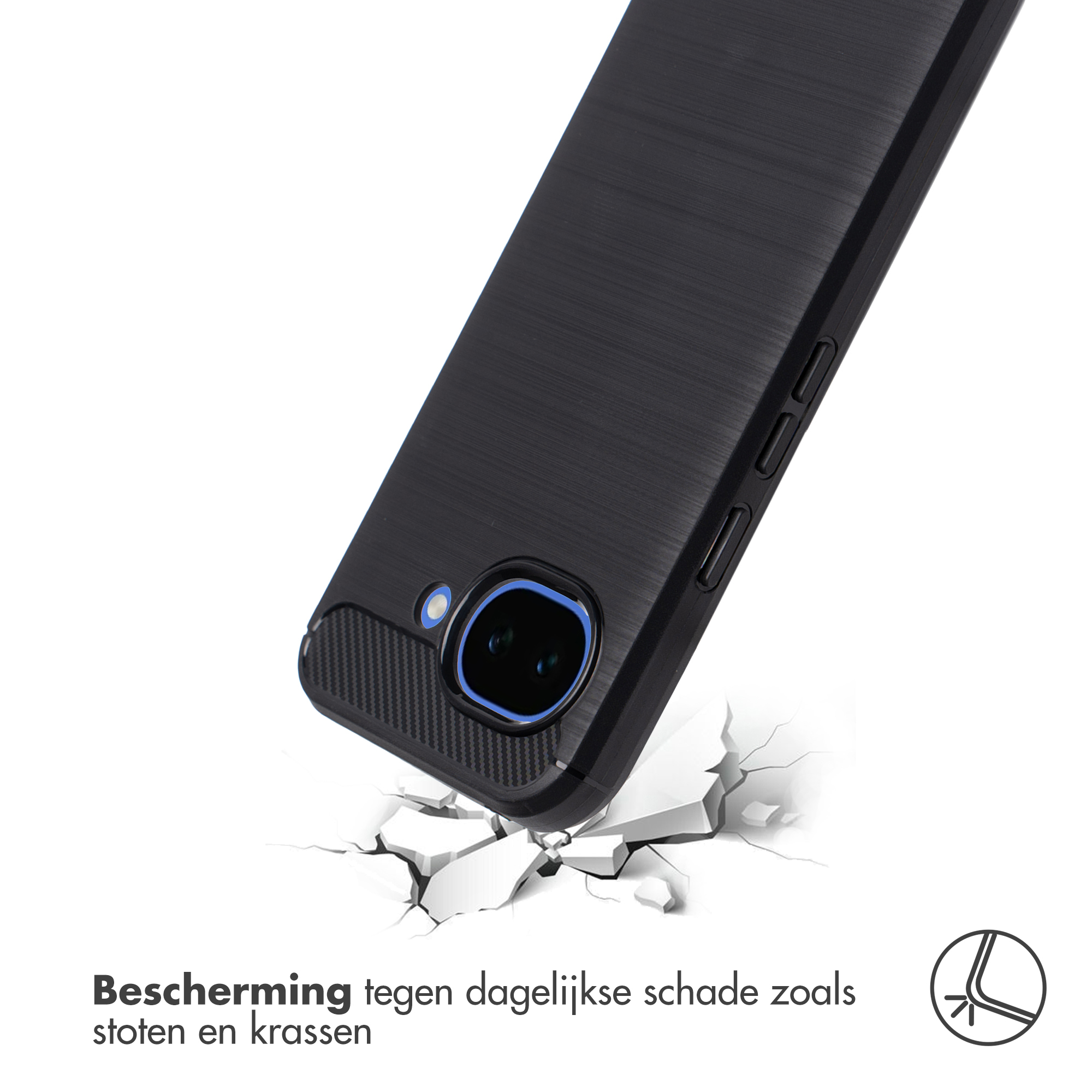 Zwarte telefoonhoes breekt door witte vloer. Bescherming tegen stoten.