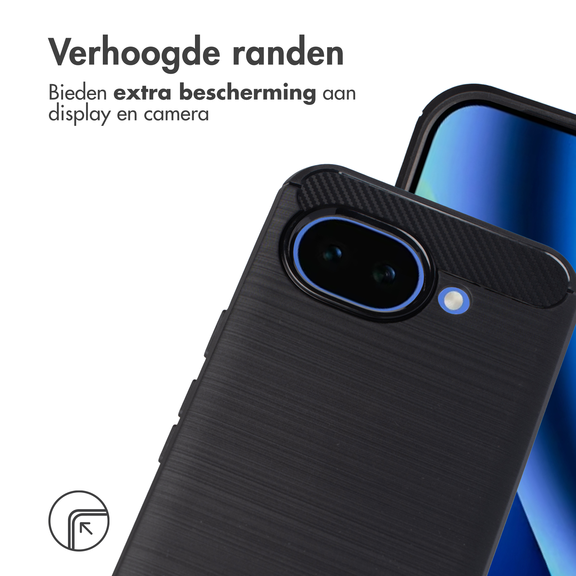 Zwarte telefoonhoes met verhoogde randen en camerabescherming.