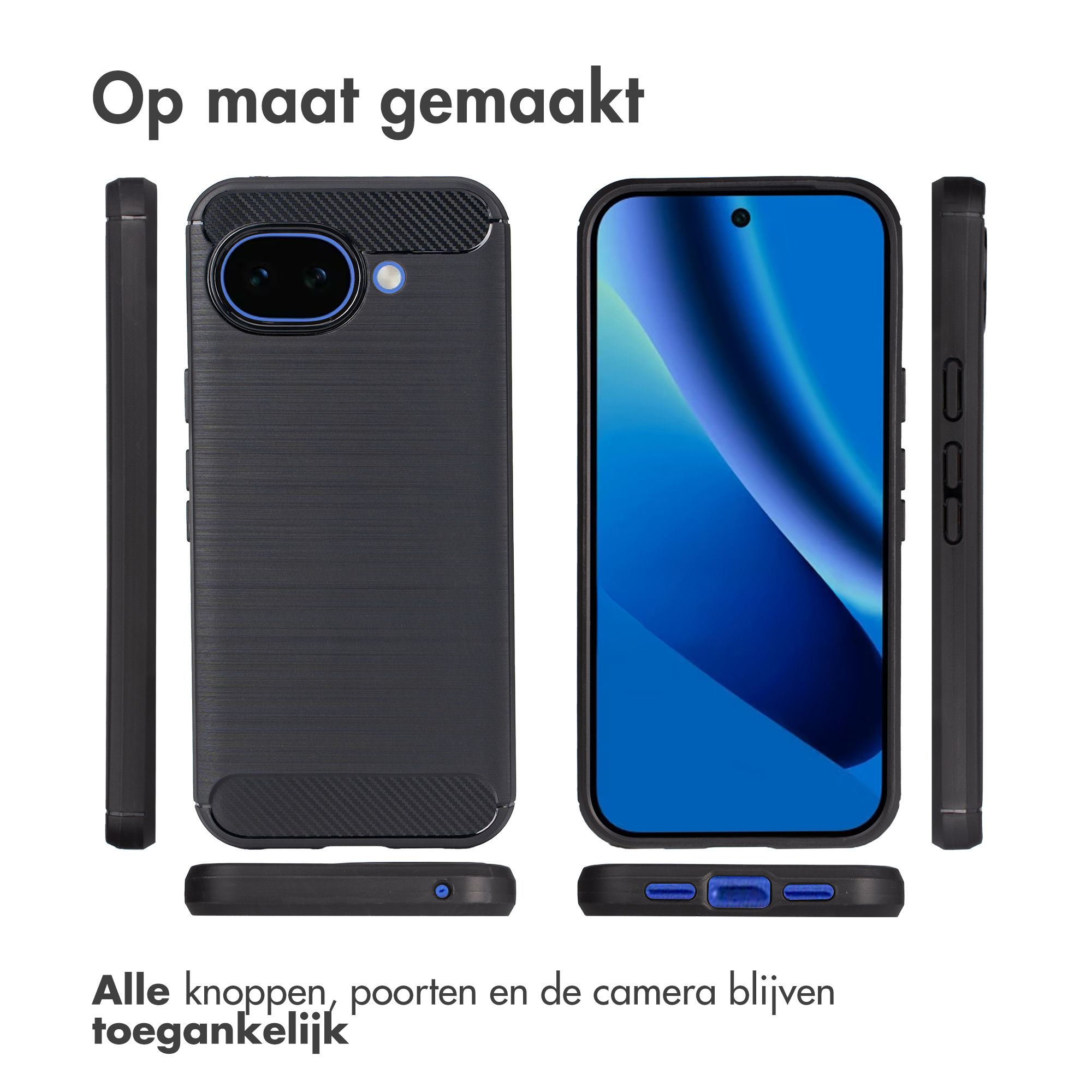 Zwarte telefoonhoes met cameragebied en zijknopjes.