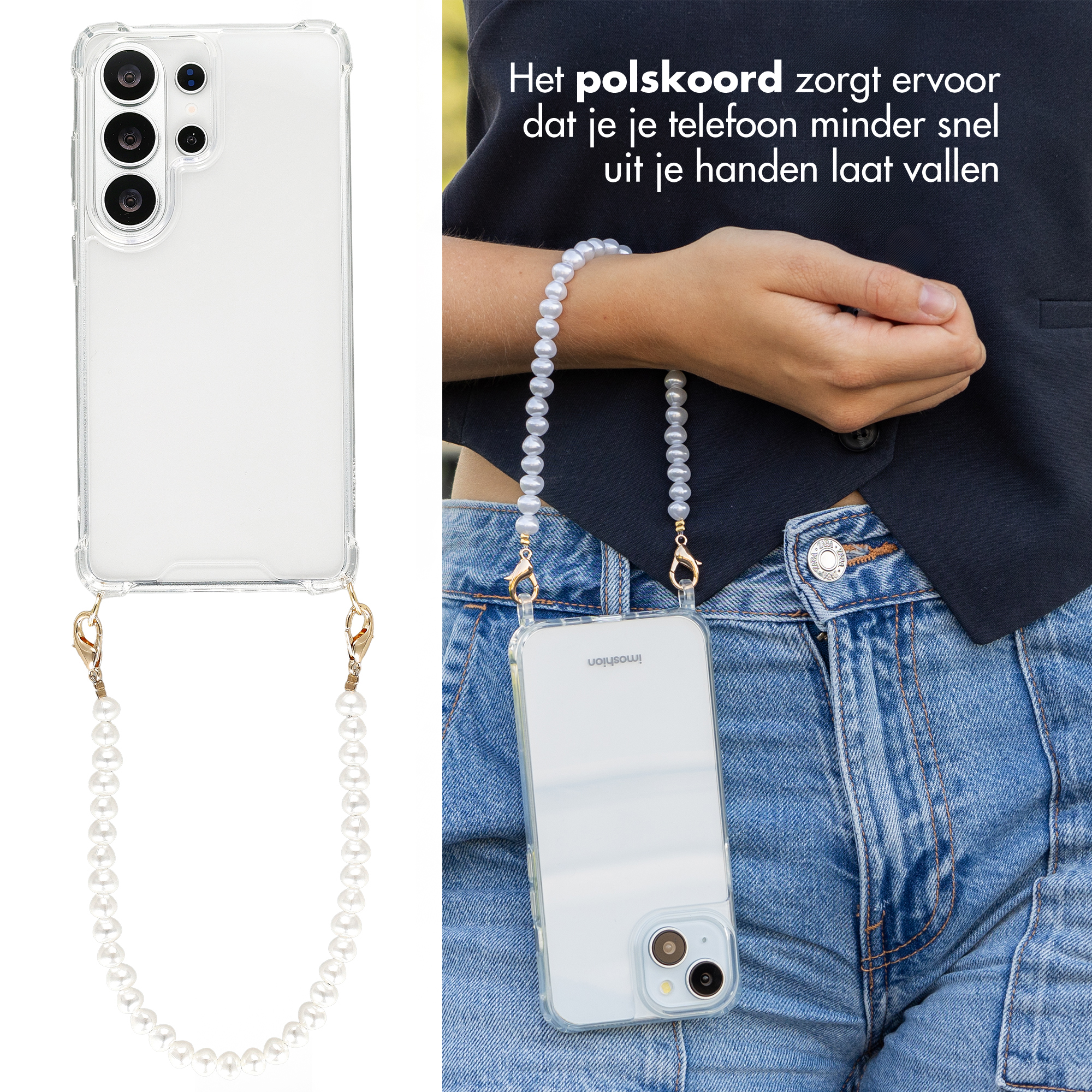 Une coque de téléphone transparente avec un bracelet en perles et fermoirs dorés.