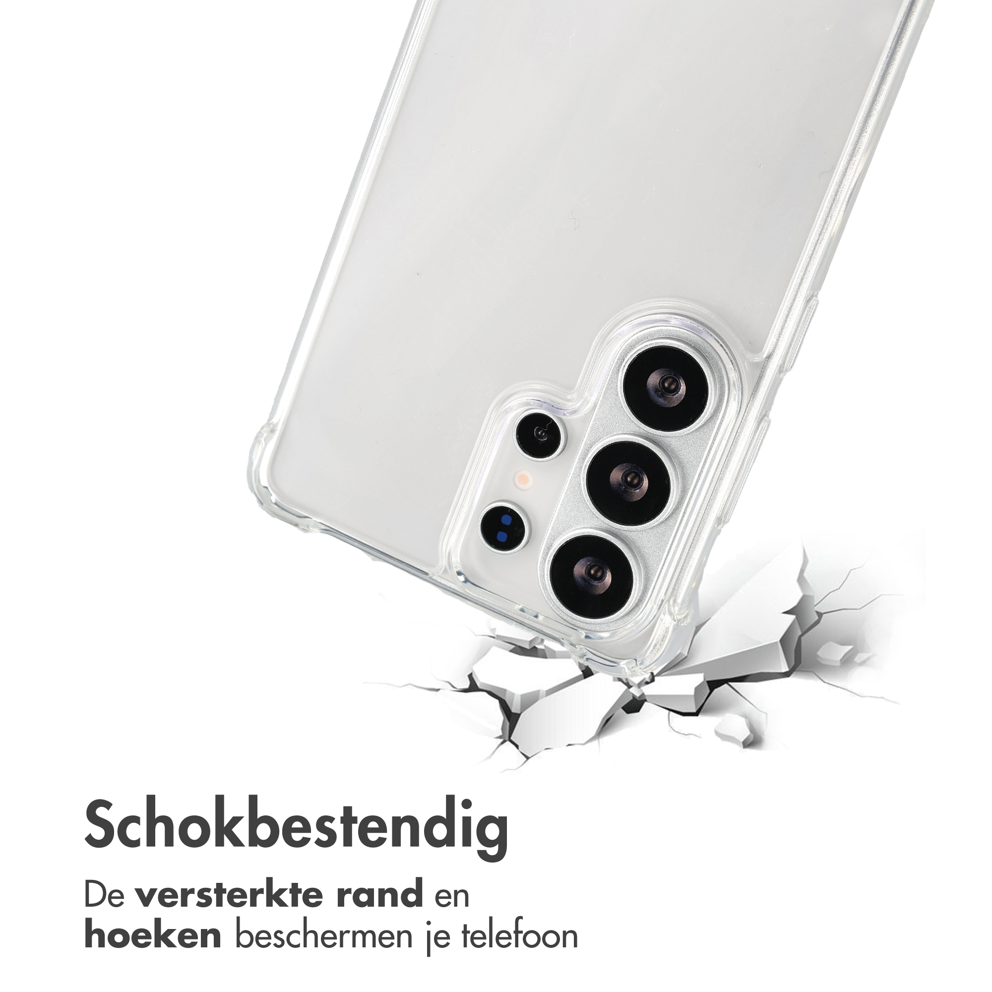 Une coque de téléphone transparente avec des caméras sur un sol craquelé.