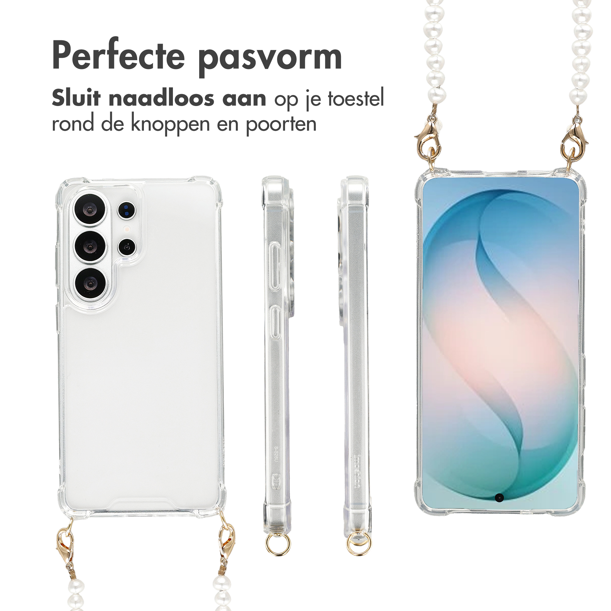 Coque de téléphone transparente avec lanière en perles, vues avant et arrière.