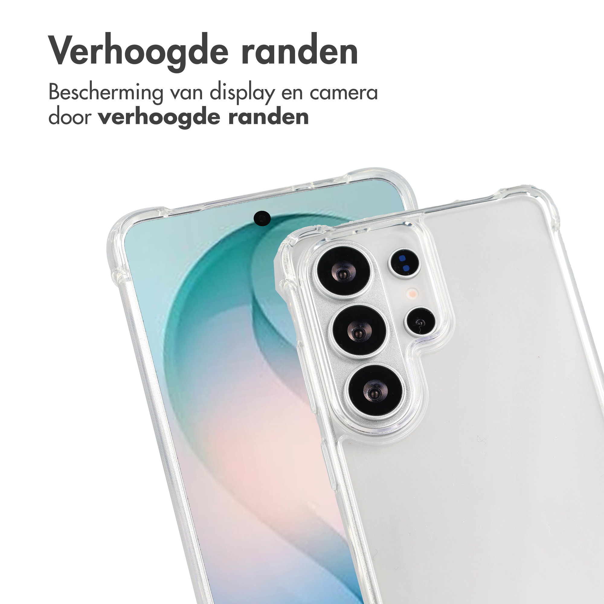 Coque transparente à bords surélevés, protège l'appareil photo et l'écran.