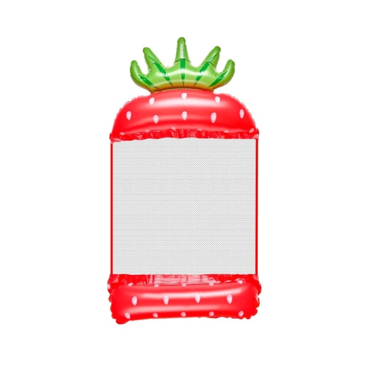 Diseño inflable de fresa con sección central transparente, fondo blanco.