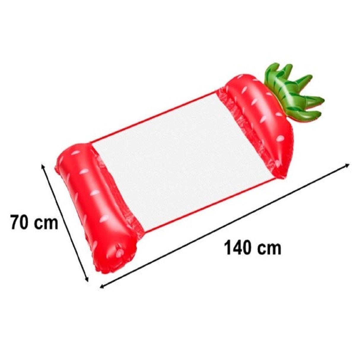 Flotador inflable de fresa roja, 70x140 cm, con semillas blancas.