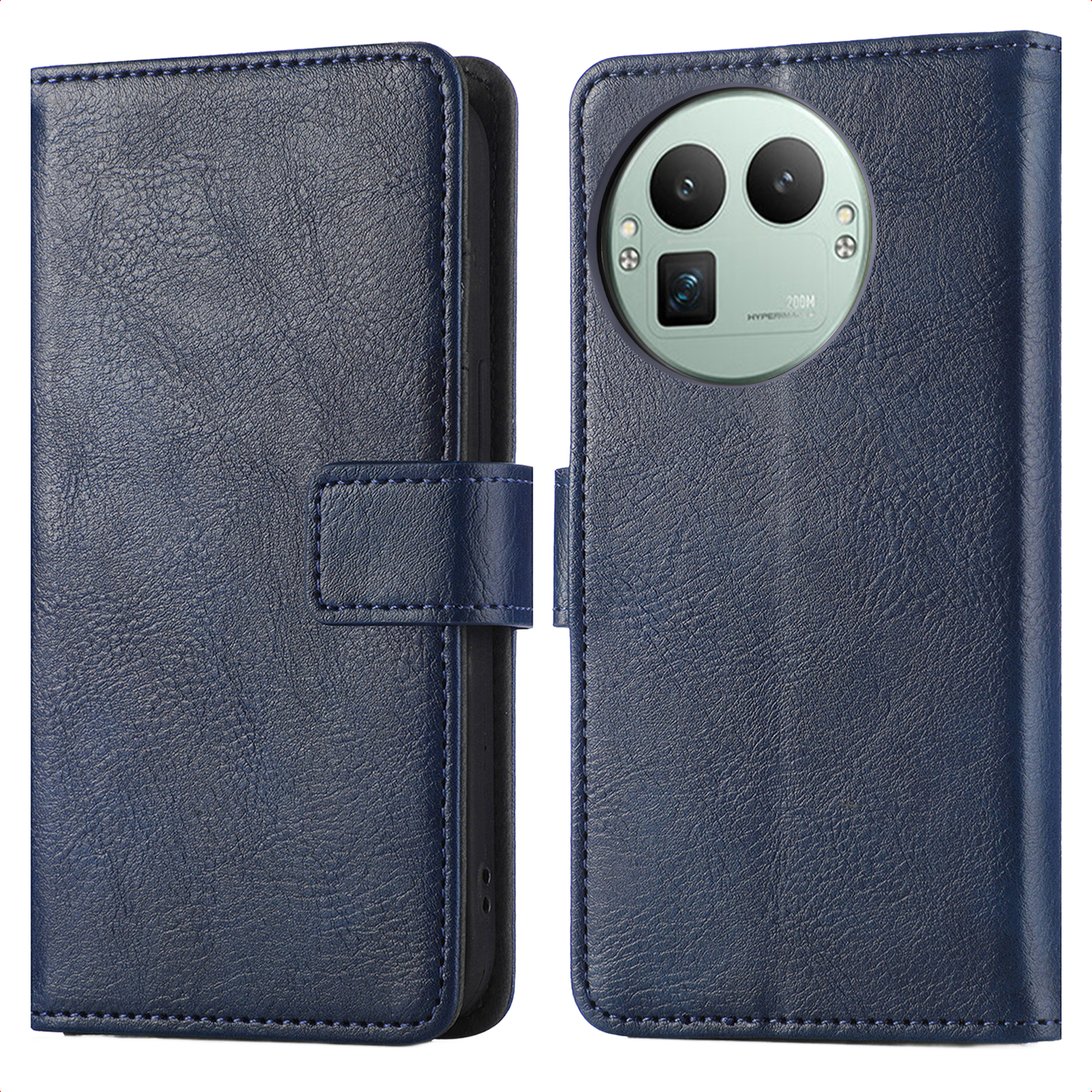 Étui de téléphone en cuir bleu foncé, ouvert des deux côtés, avec découpe.