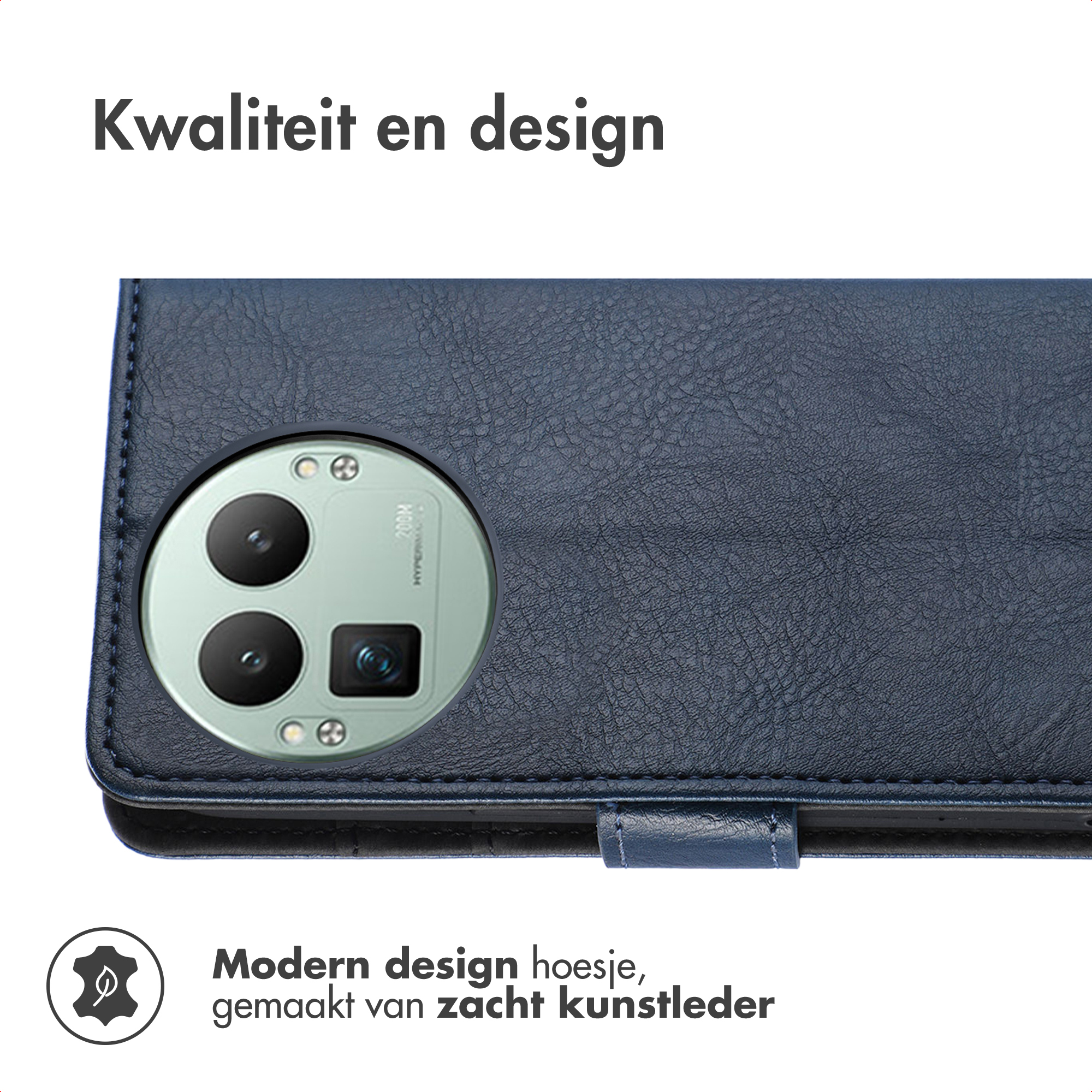 Étui de téléphone en similicuir bleu foncé avec module caméra et texte.