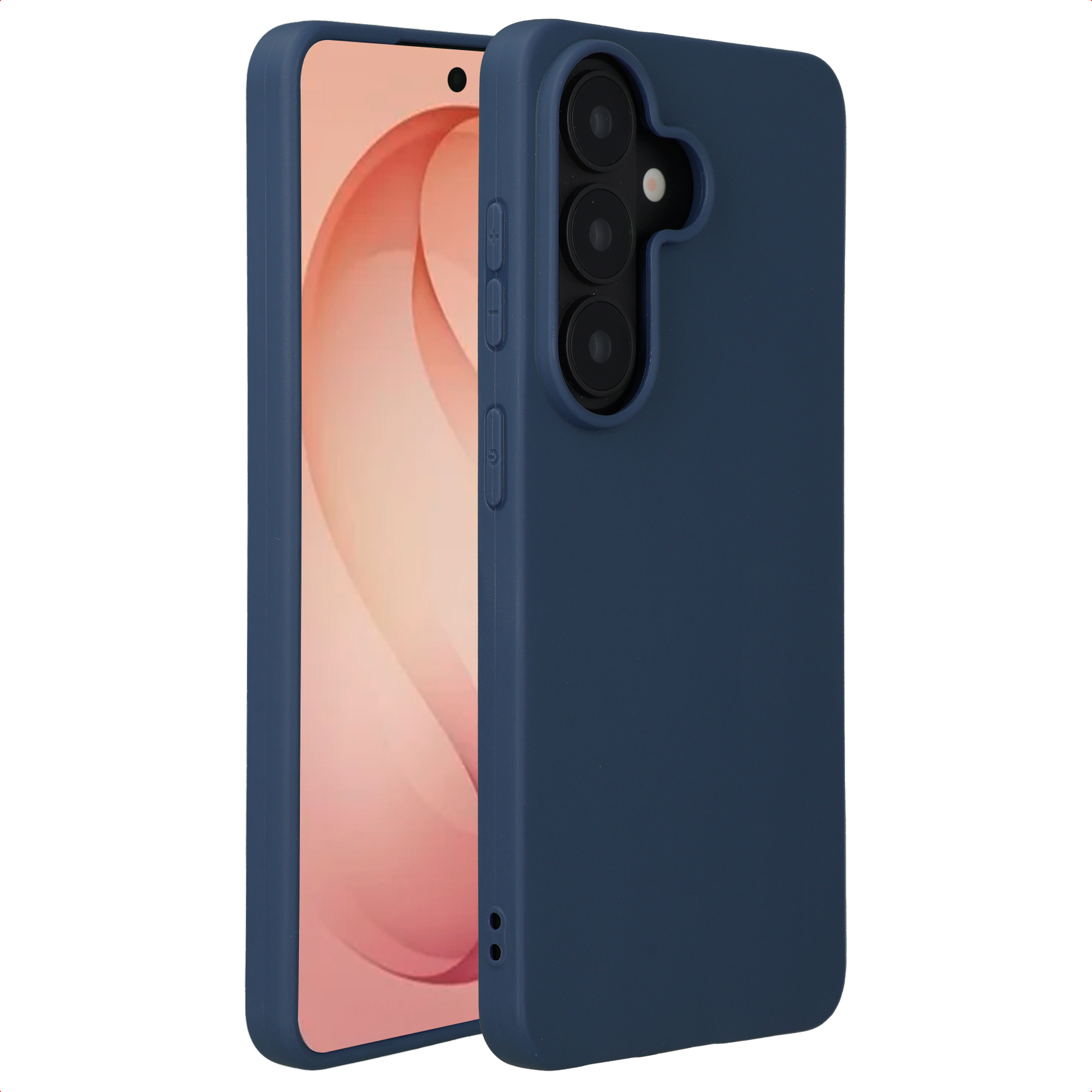 Donkerblauwe telefoonhoes met drie cameralenzen en flitser.