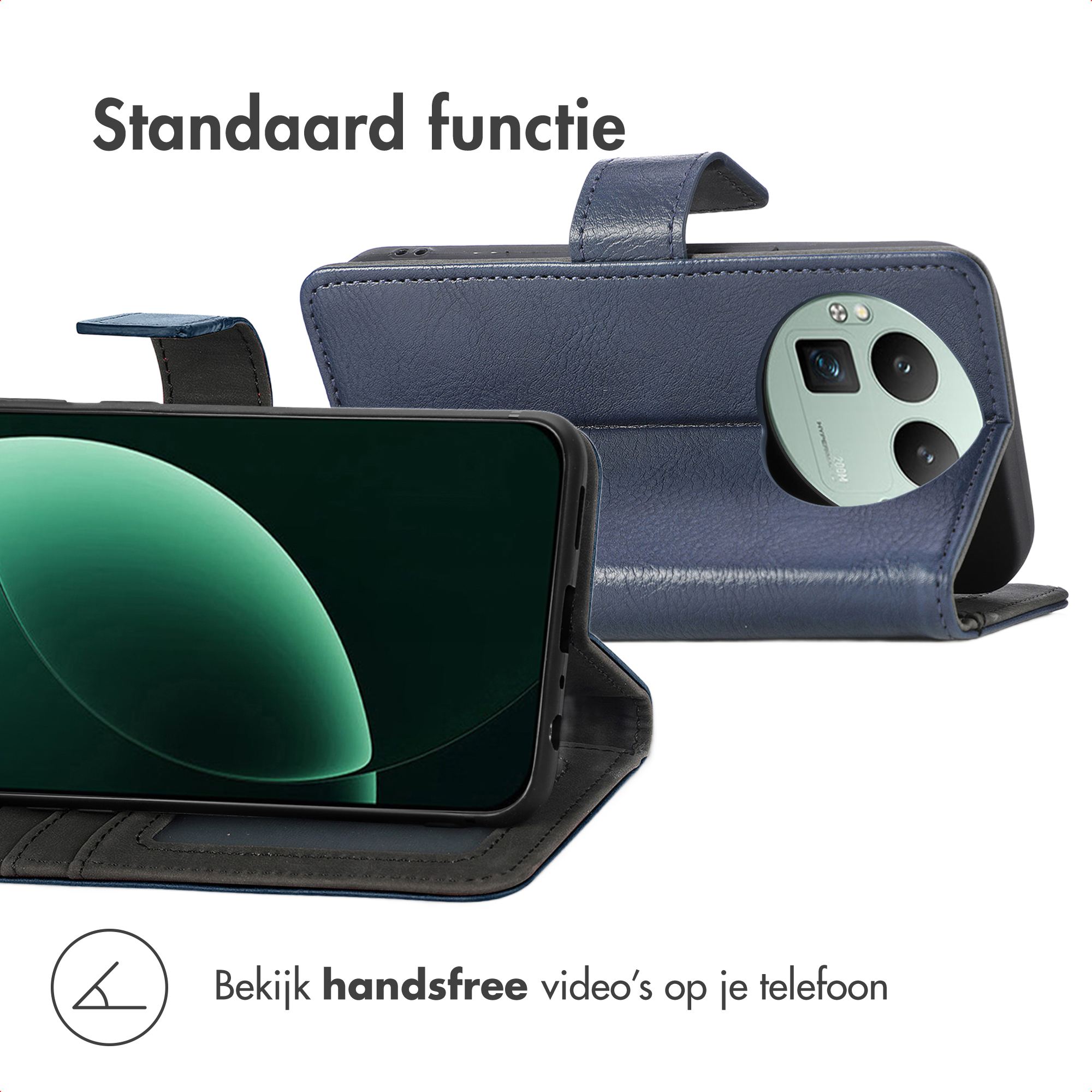 Un étui à rabat en cuir bleu pour smartphone avec fonction support.