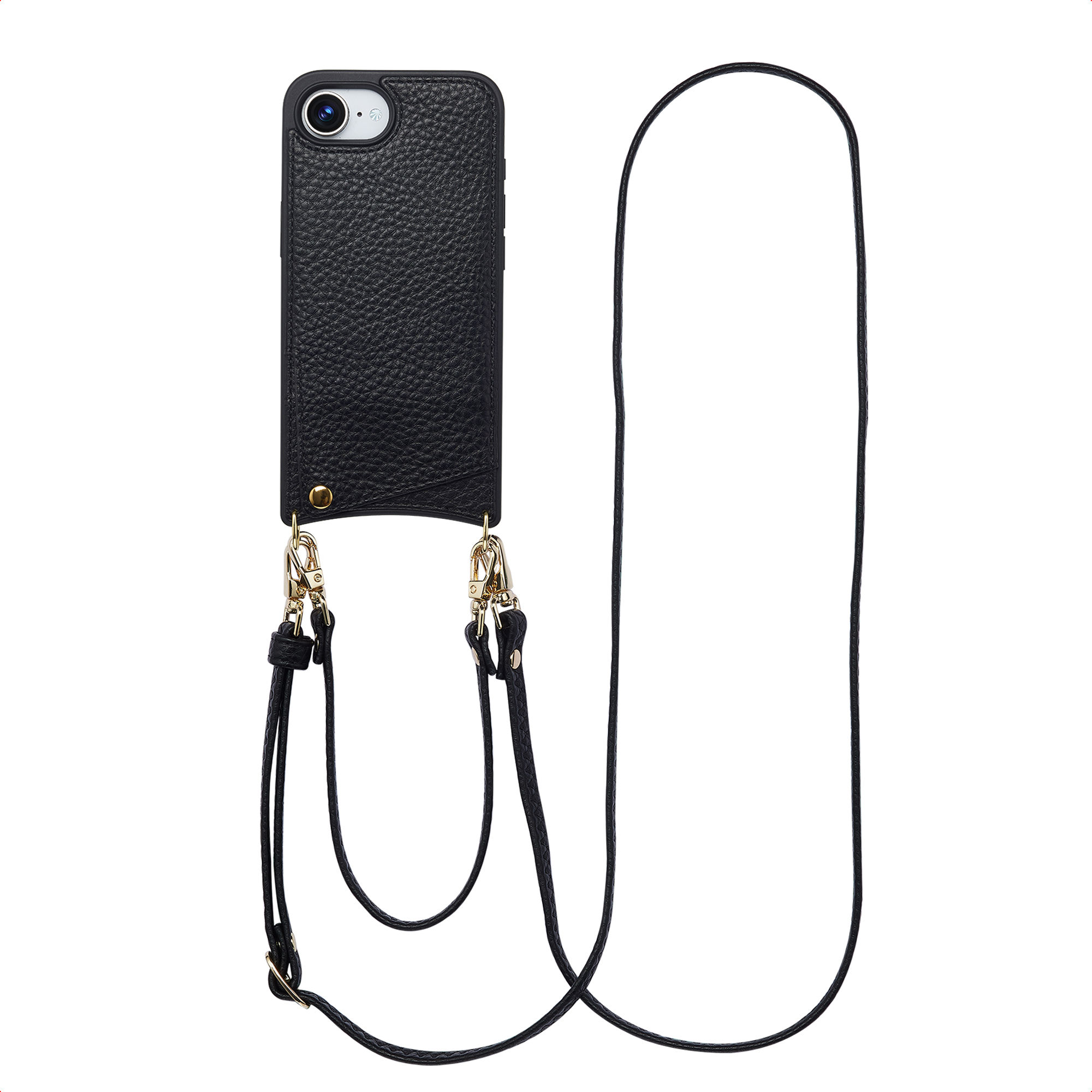Zwarte lederen telefoonhoes met een lange riem en gouden hardware.