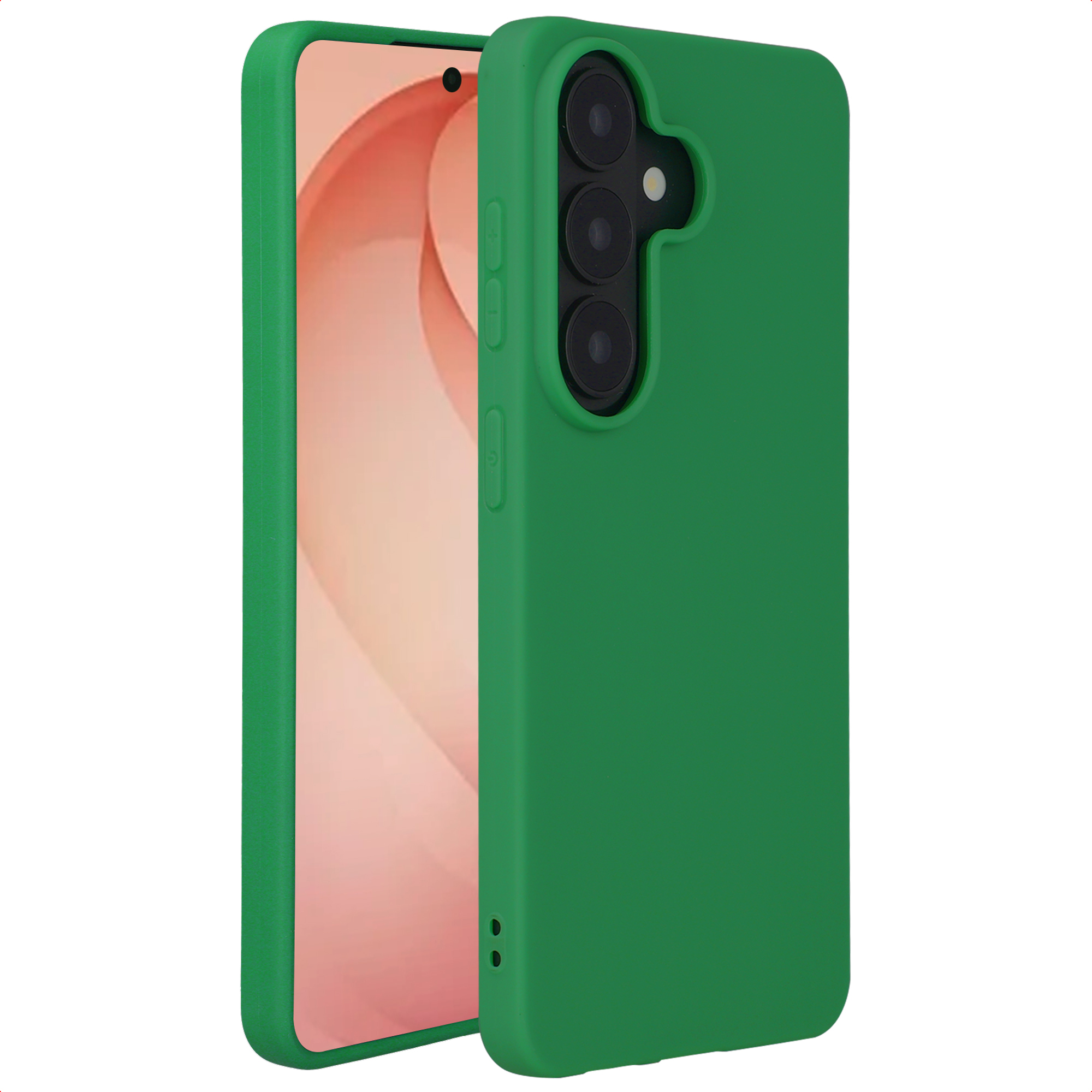 Een groene telefoon met camera's aan de achterkant, tegen witte achtergrond.