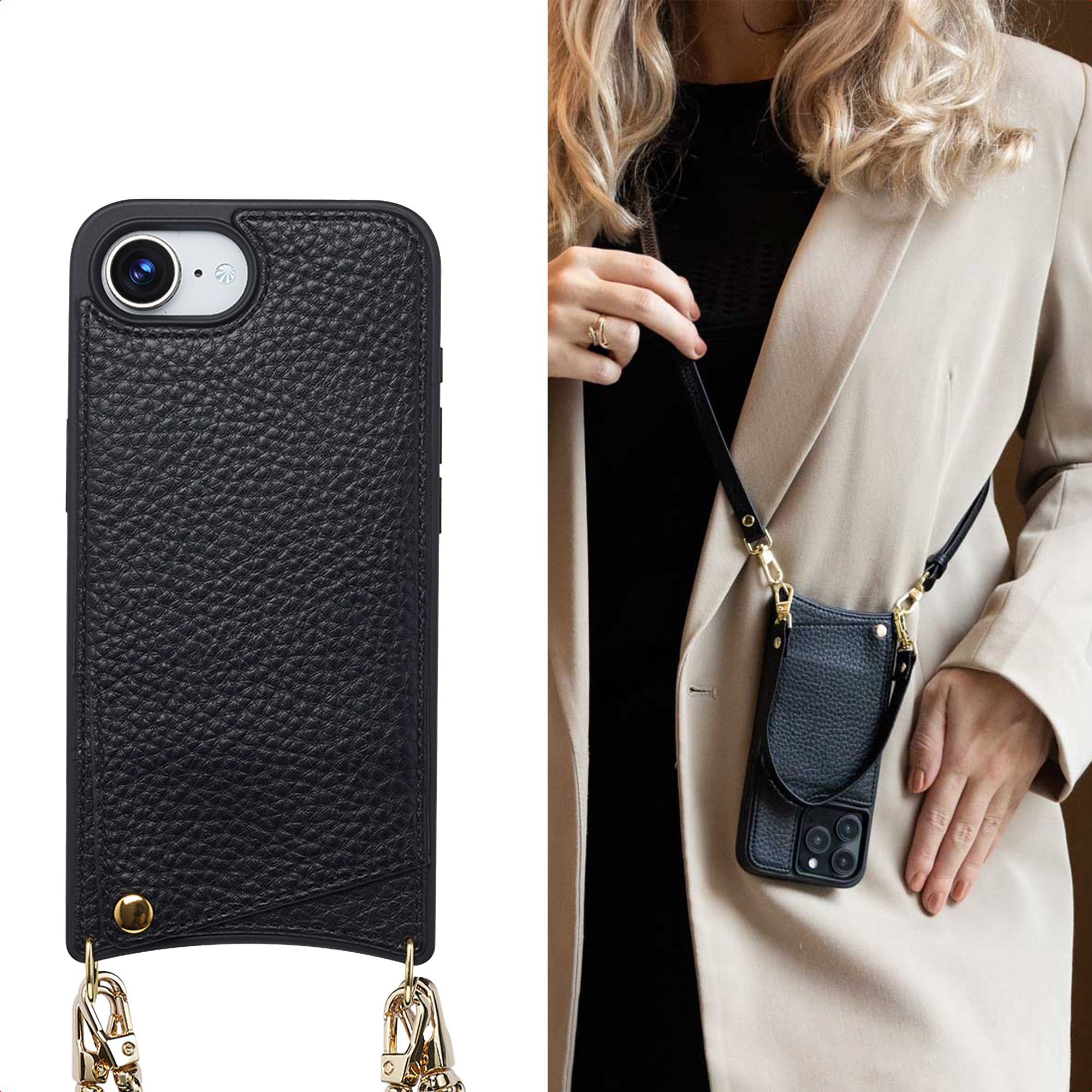Zwarte leren iPhone-hoes met gouden kettingriem, gedragen door een vrouw.
