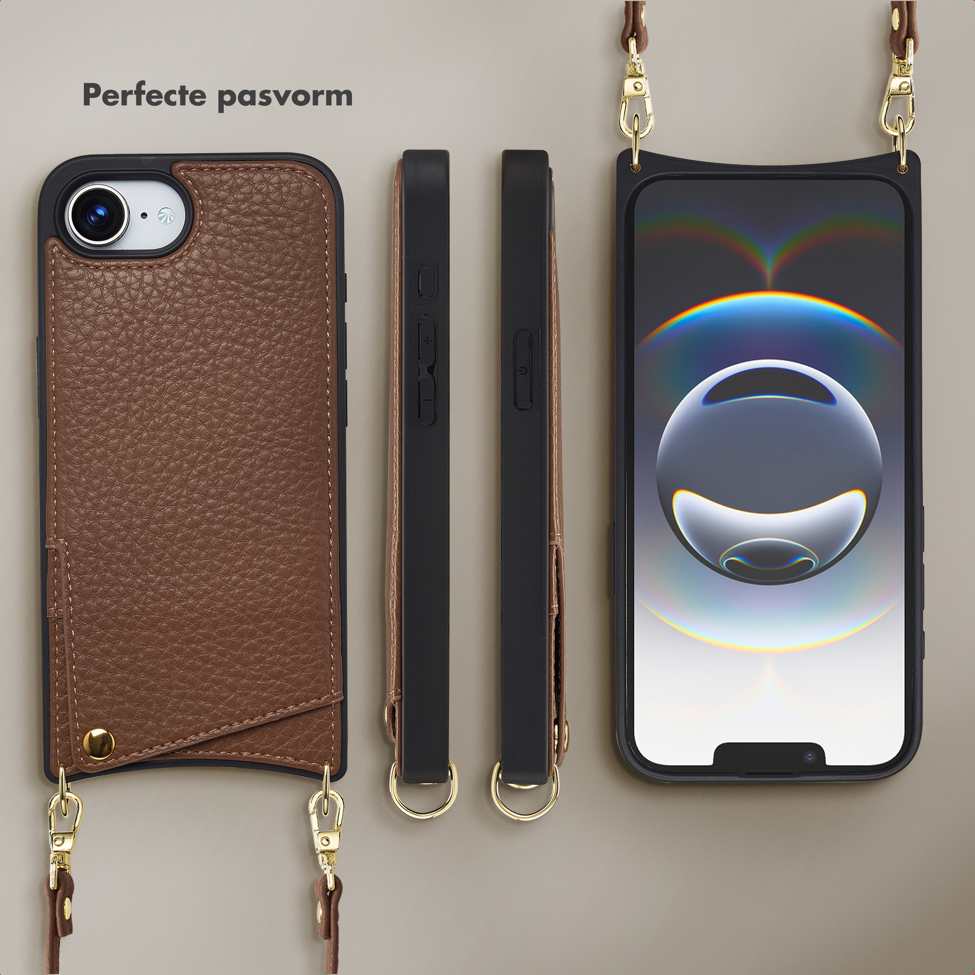 Bruine lederen telefoonhoes met koord, met camera en riem details.