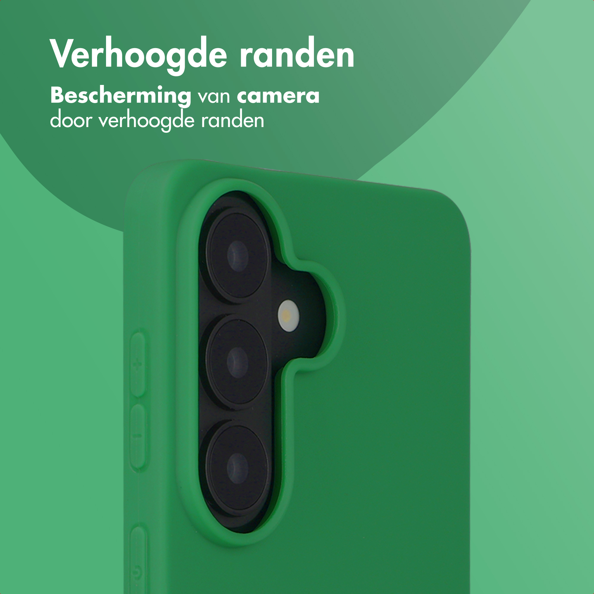 Groene telefoonhoes met camera-uitsparing en knoppen. Verhoogde randen.