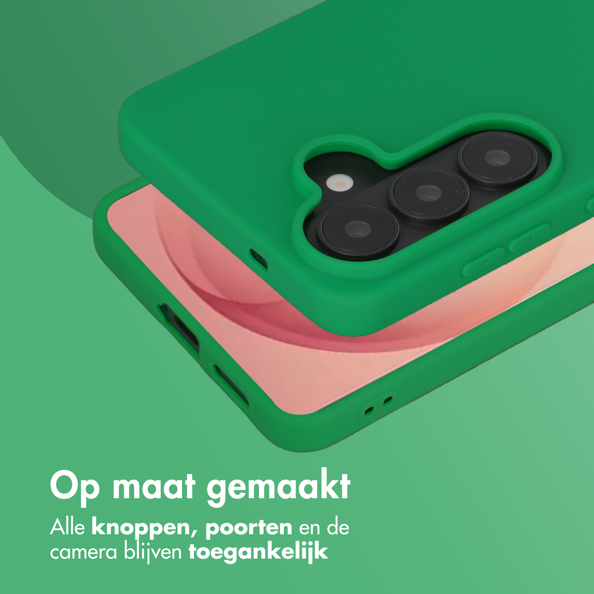 Groene telefoonhoes met camera-uitsparing over een roze telefoon.