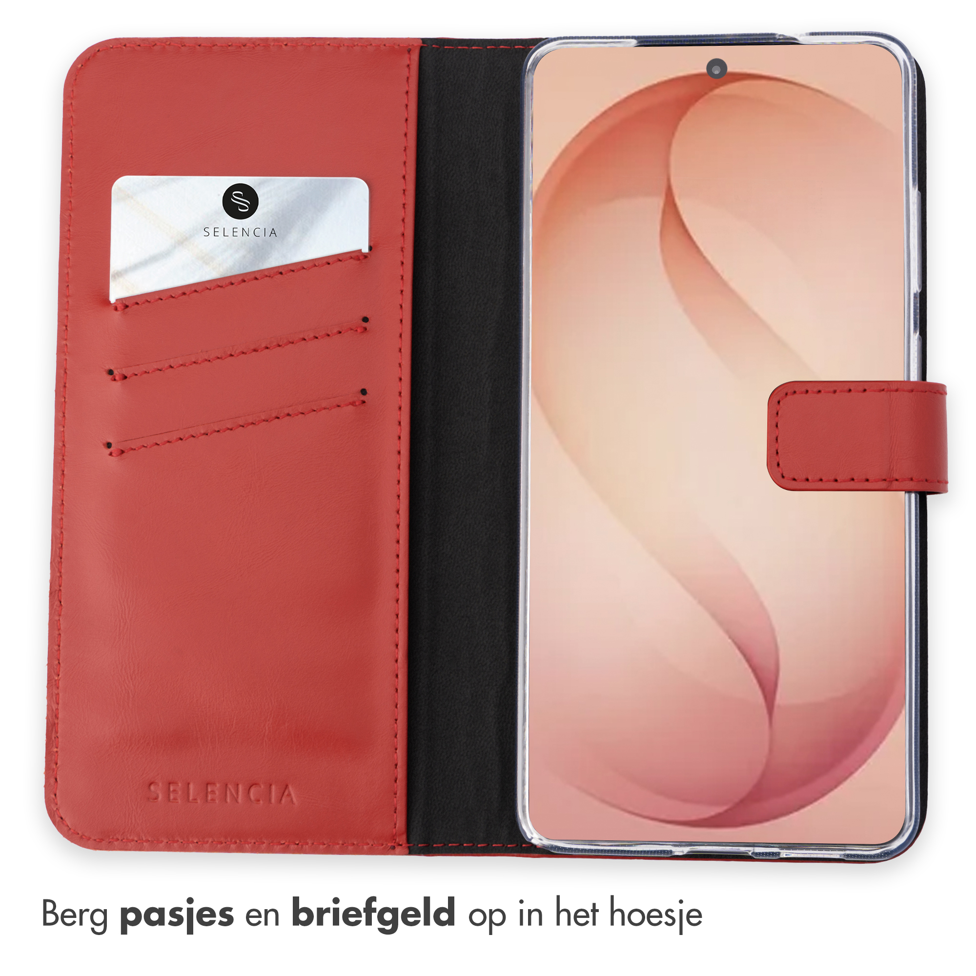 Rood telefoonhoesje met kaarthouders en een gesloten smartphone.