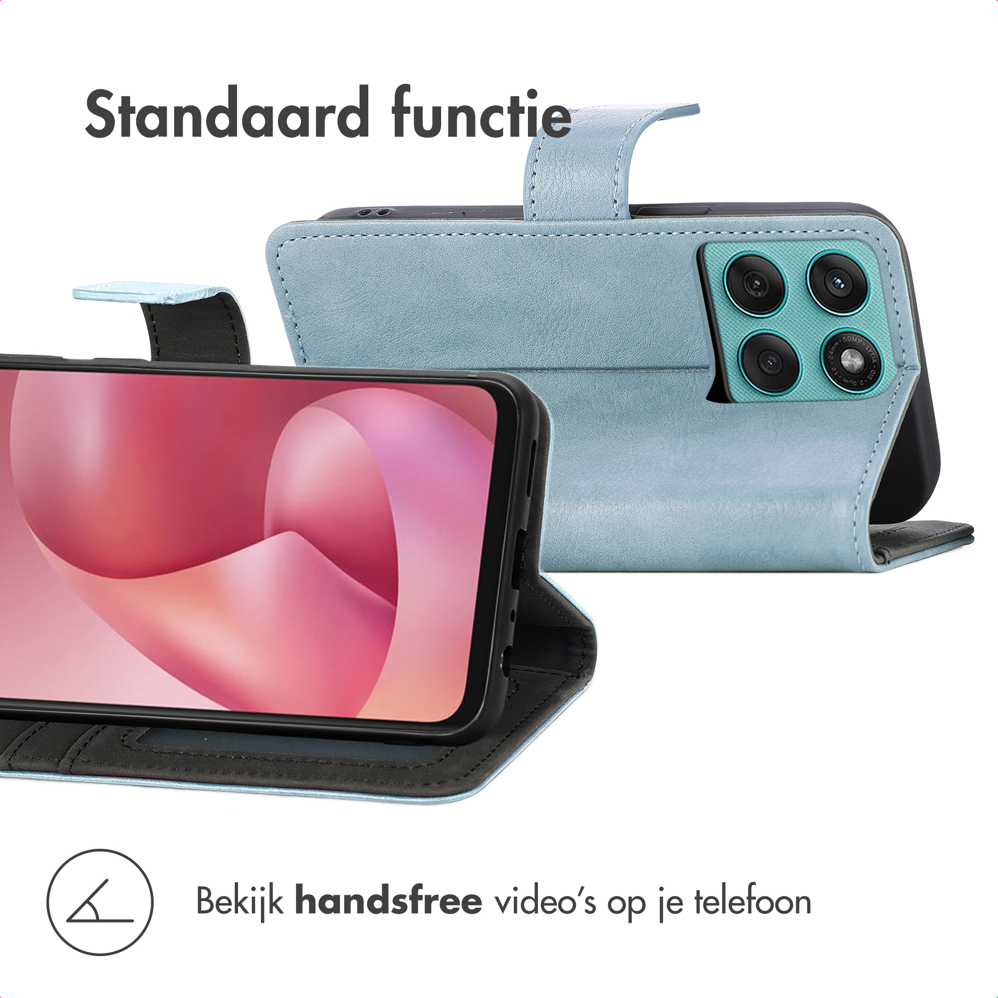 Een lichtblauwe telefoon flip case met camera en scherm.