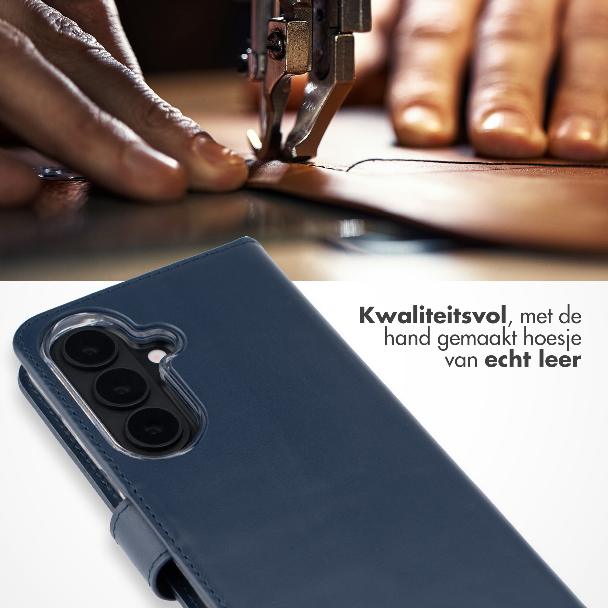 Mains cousant du cuir avec une machine à coudre. Étui de téléphone bleu devant.