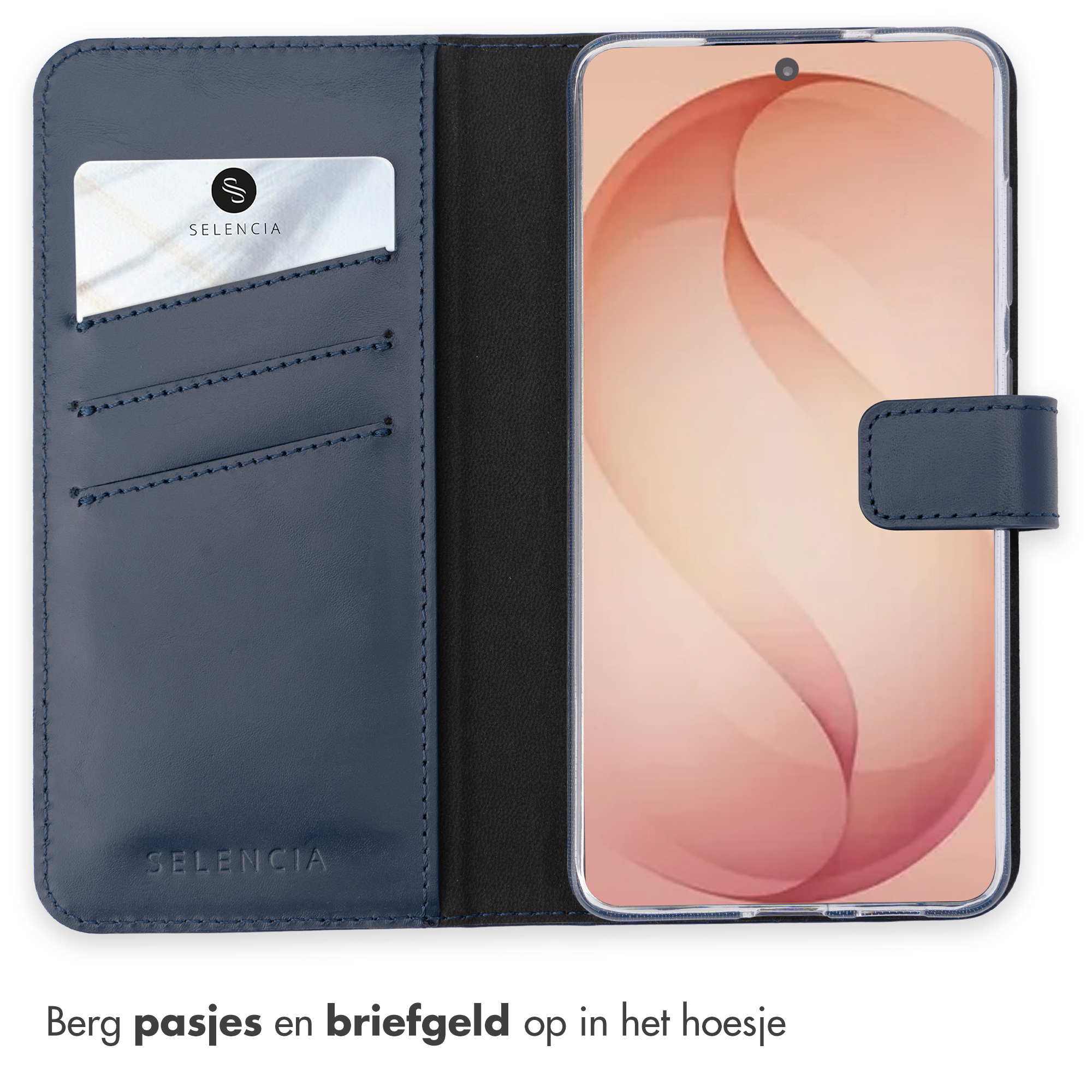 Étui en cuir bleu marine avec téléphone et fentes pour cartes.