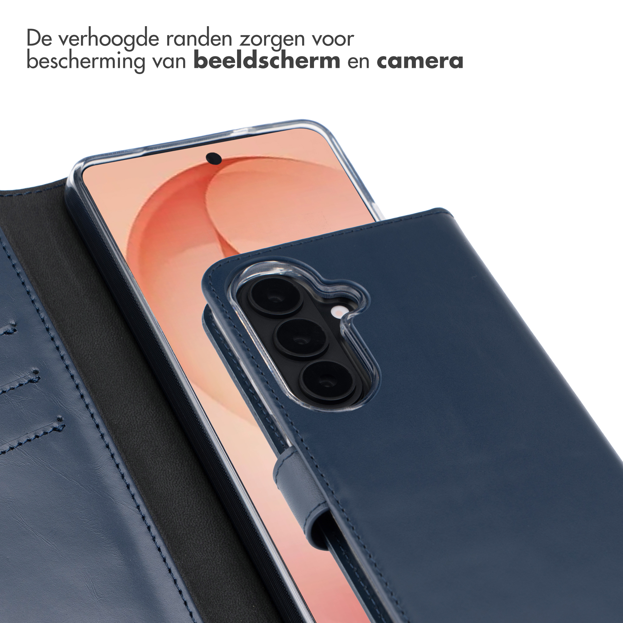 Étui bleu foncé pour téléphone avec découpe caméra et protection.
