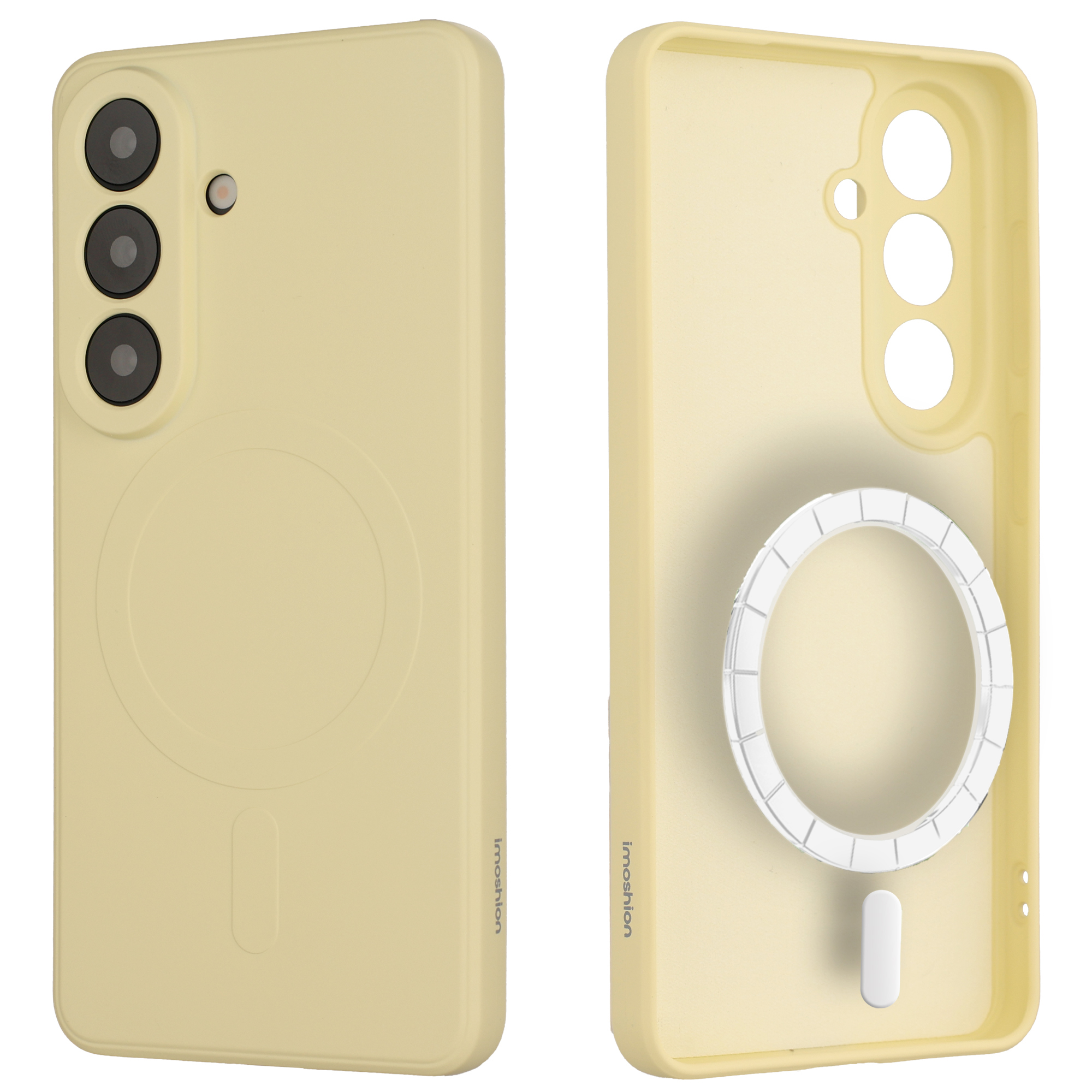 Een gele telefoonhoes met drie cameralenzen en een magnetische ring.