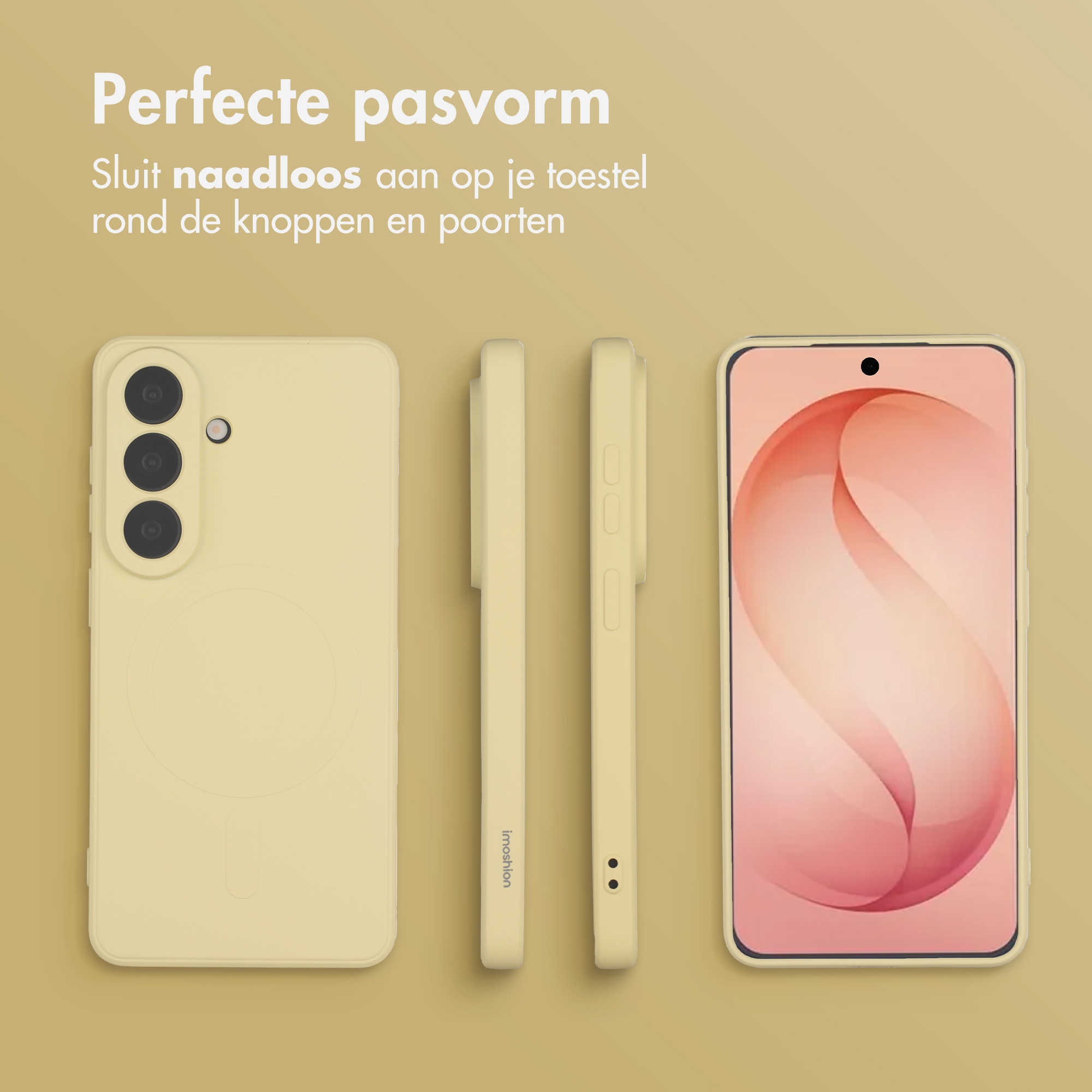 Een gele telefoonhoesje van voor, achter en zijkant bekeken.
