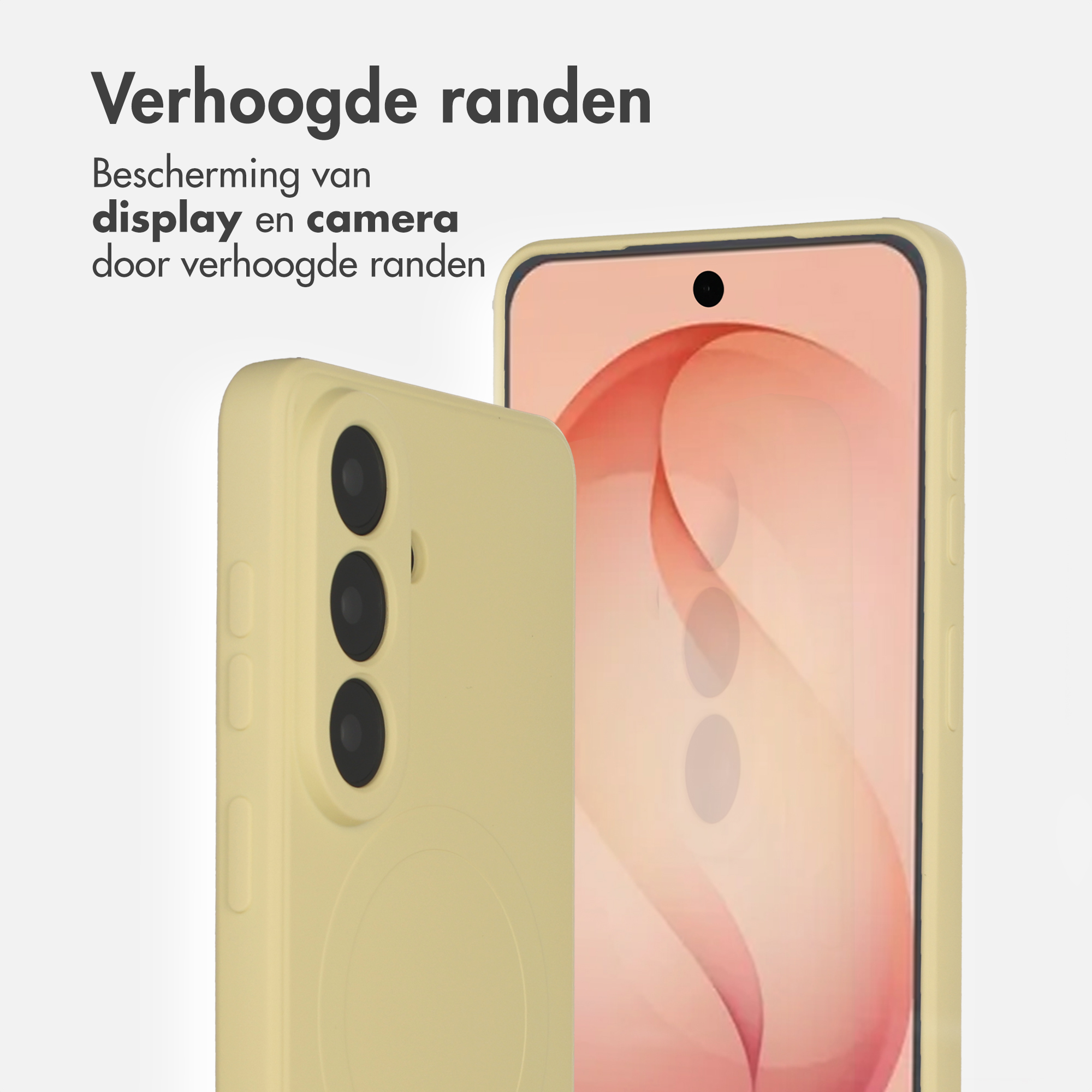 Een geel telefoonhoesje met cameralenzen en een telefoonscherm.