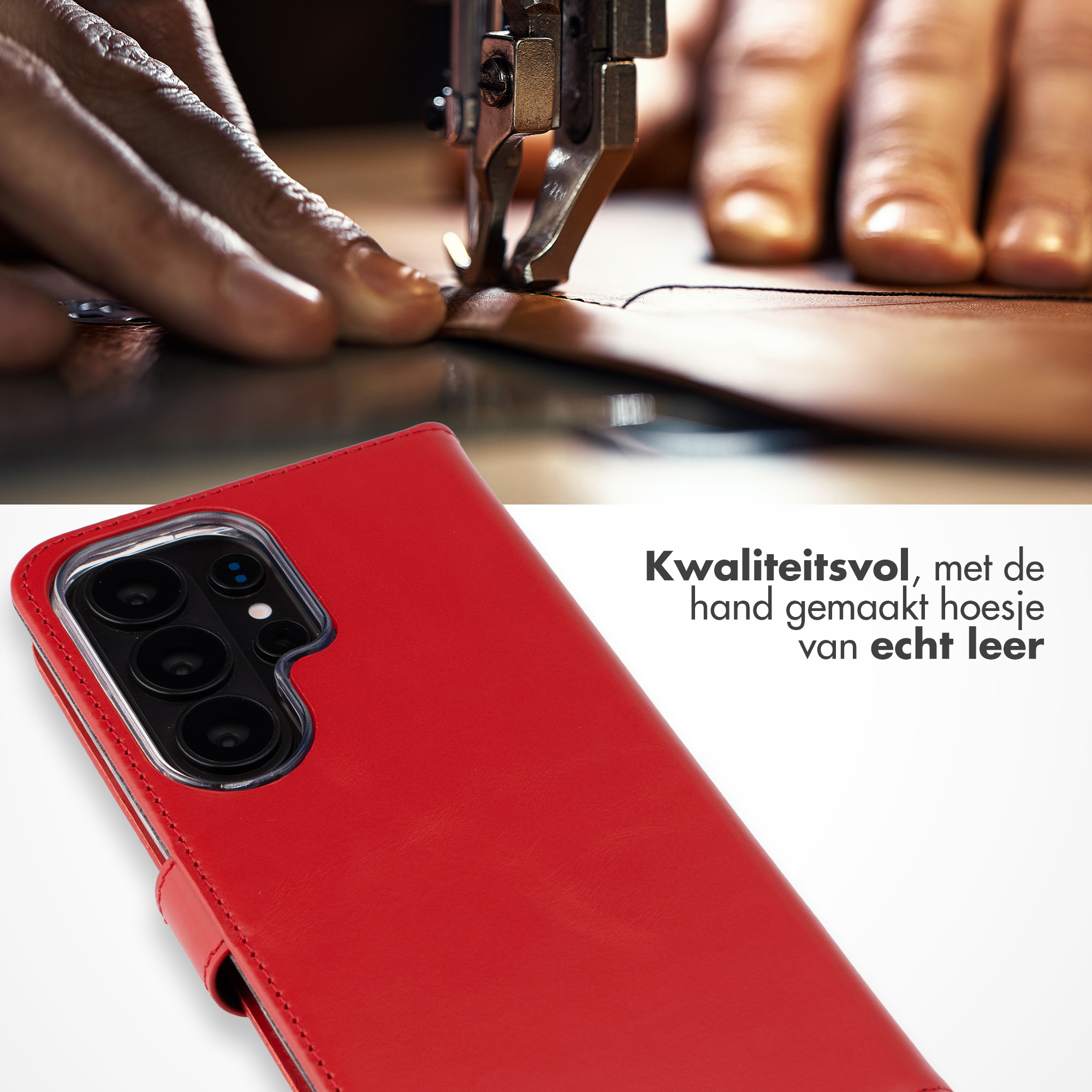Handen naaien leer voor een rode telefoonhoes met naaimachine.