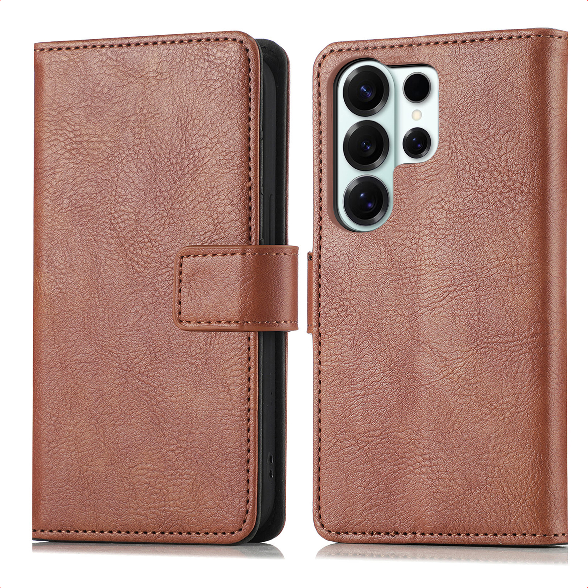 Bruine lederen telefoonhoes met camera-uitsparing en magneetsluiting.