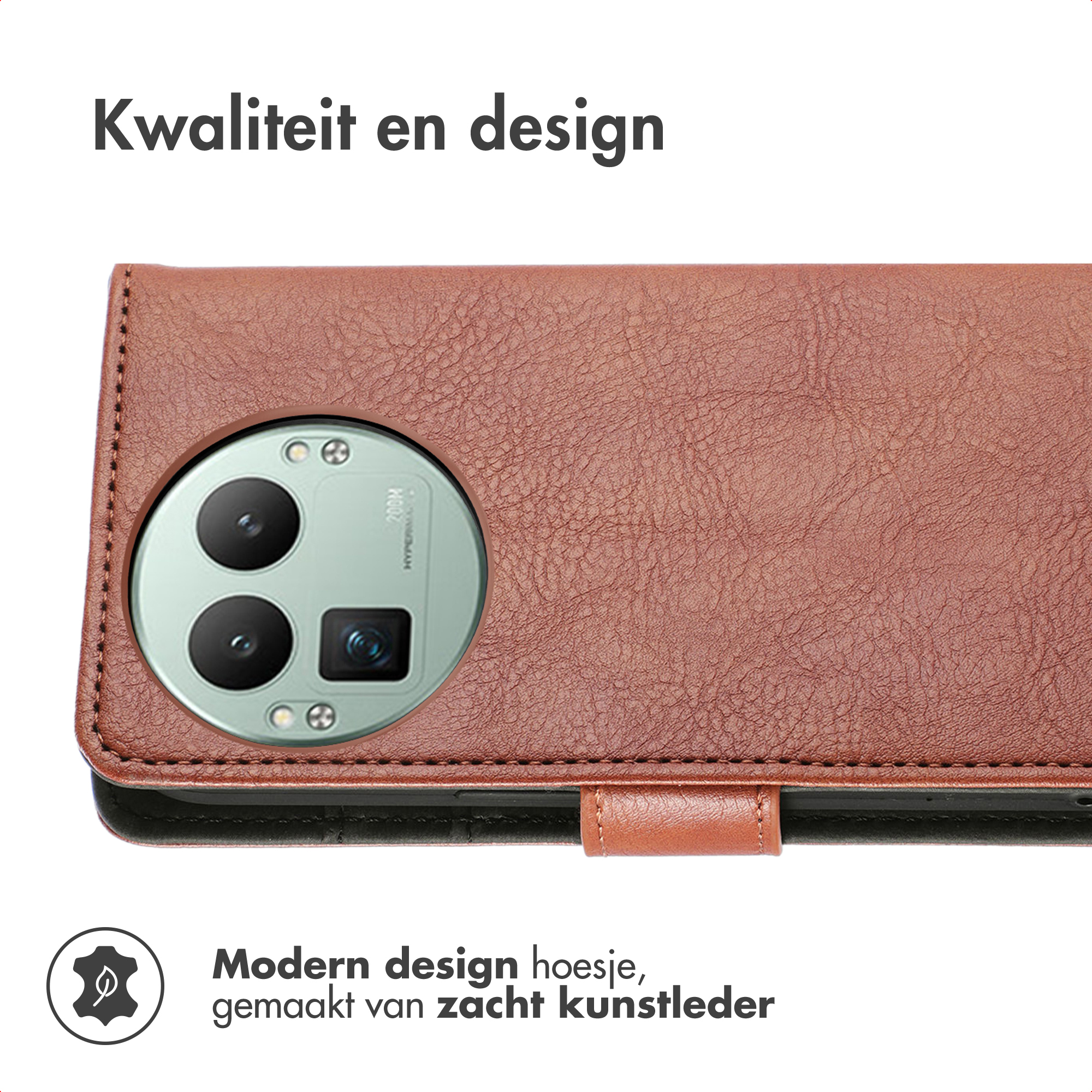 Bruine kunstlederen telefoonhoes met camera-uitsparing. Kwaliteit en design.