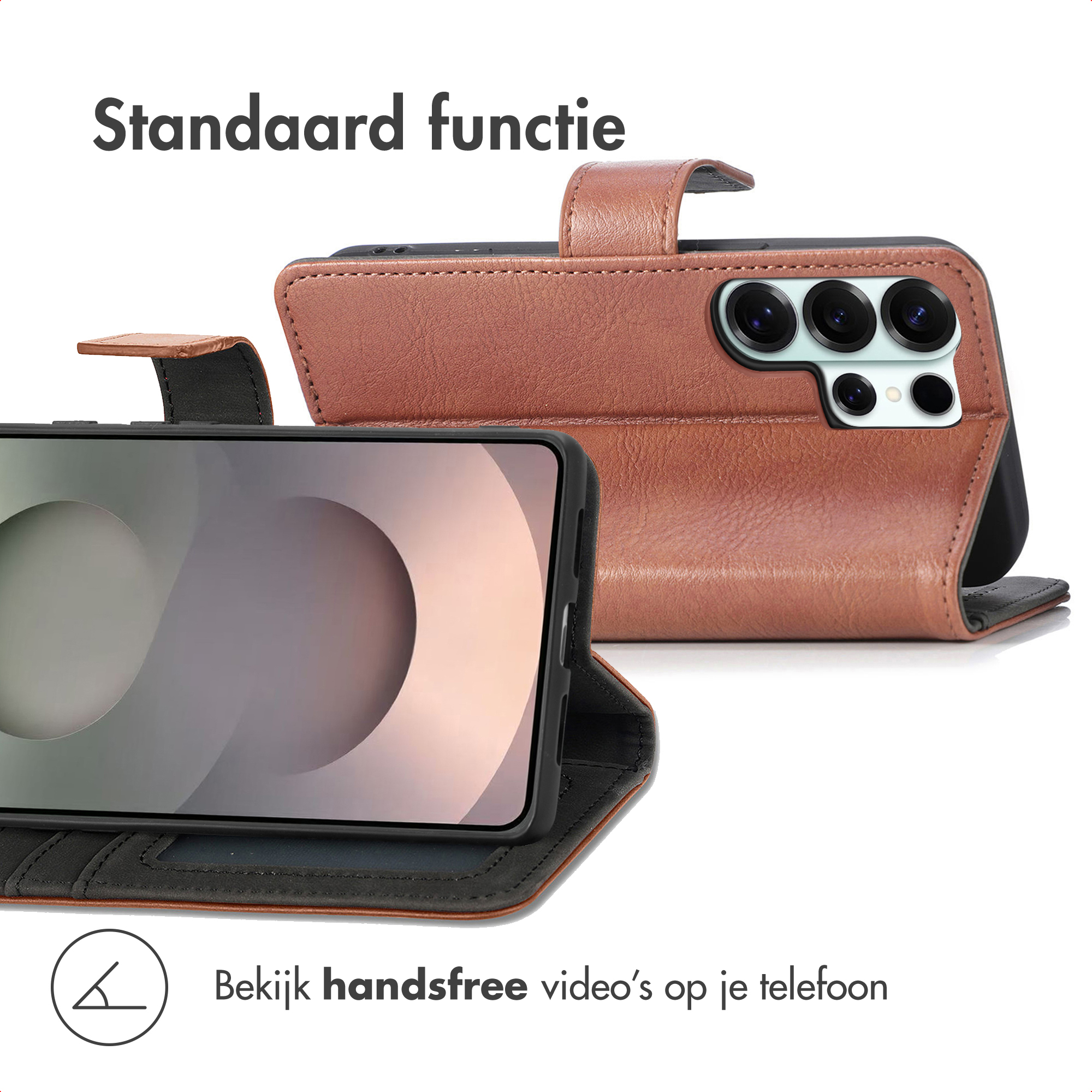 Bruine lederen telefoonhoes met standaardfunctie en cameralenzen.