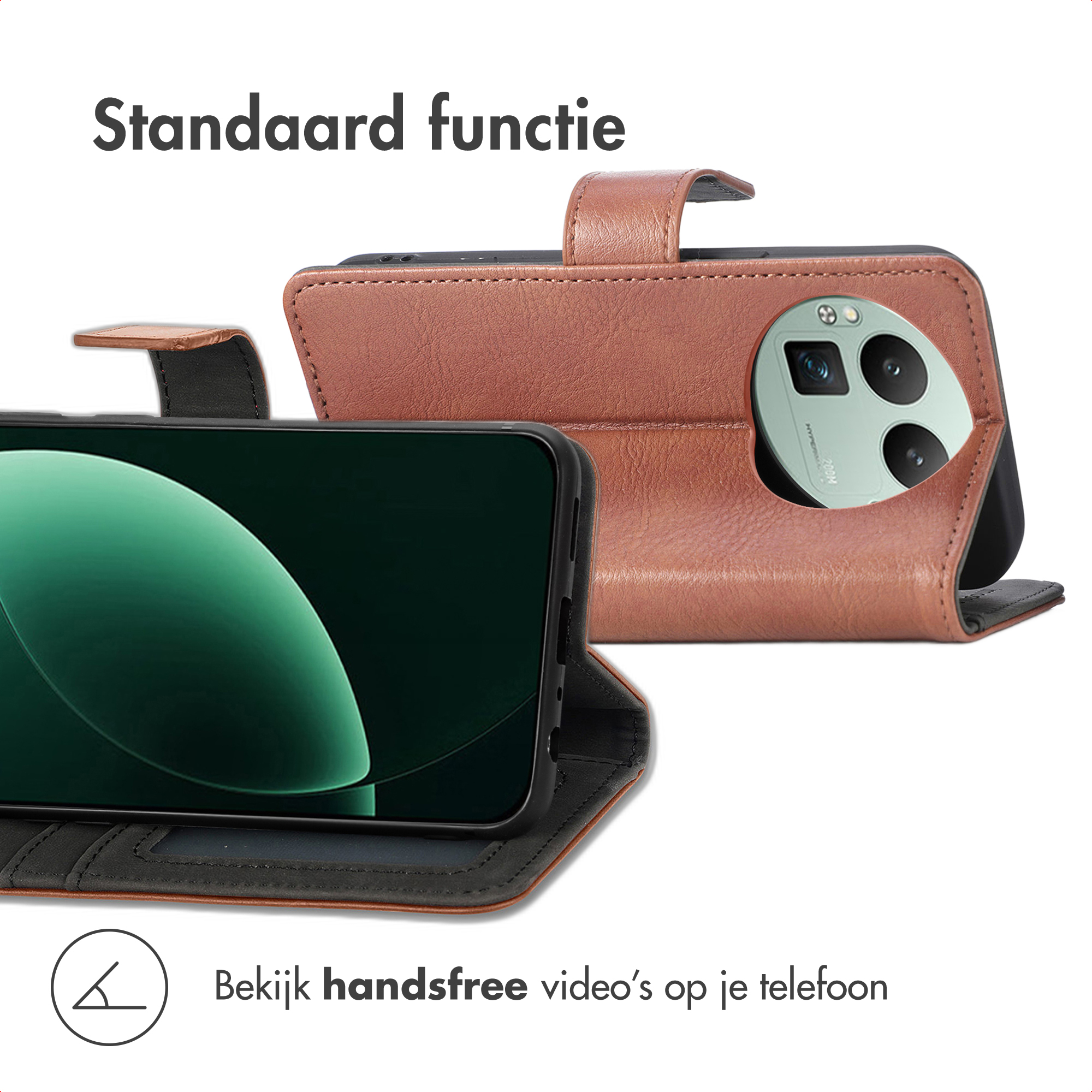 Bruin lederen telefoonhoesje met standaardfunctie en smartphone.