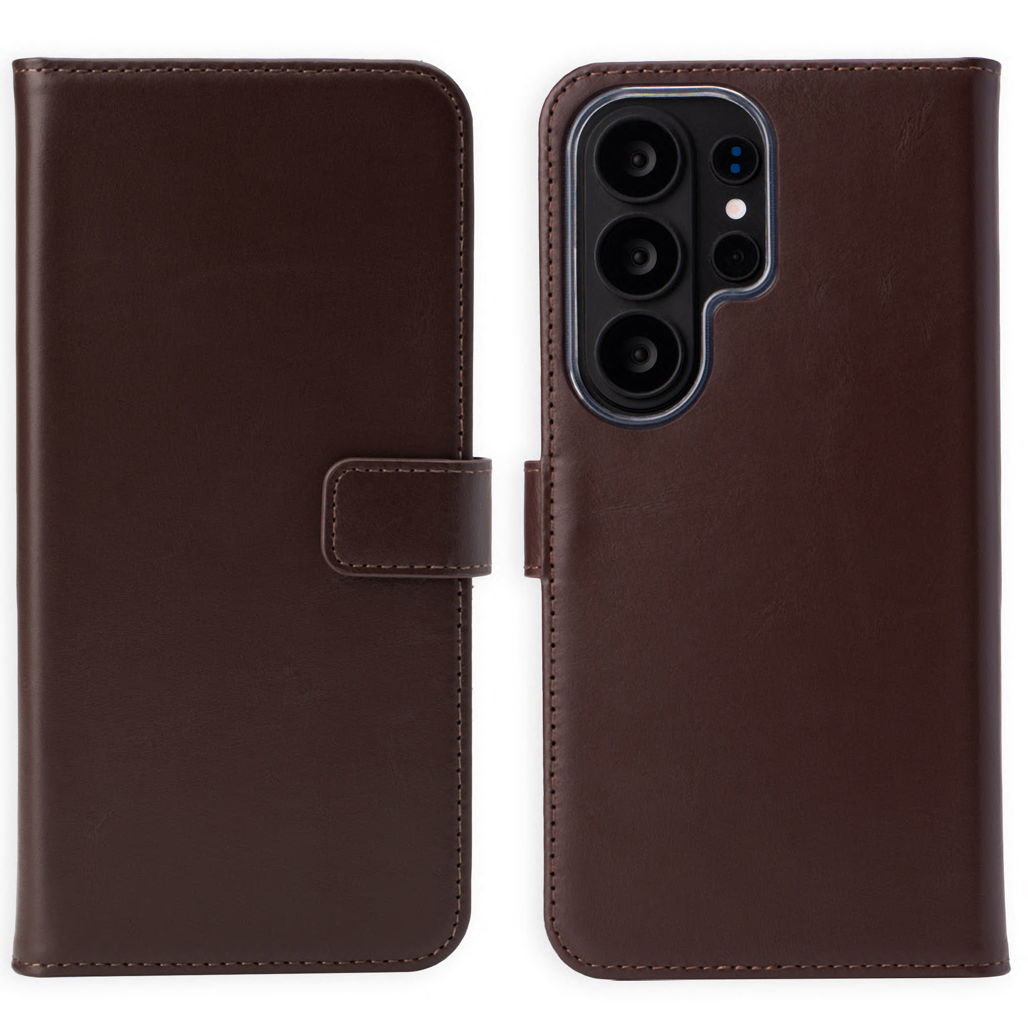 Donkerbruine leren flip case voor smartphone met camera-uitsparing.