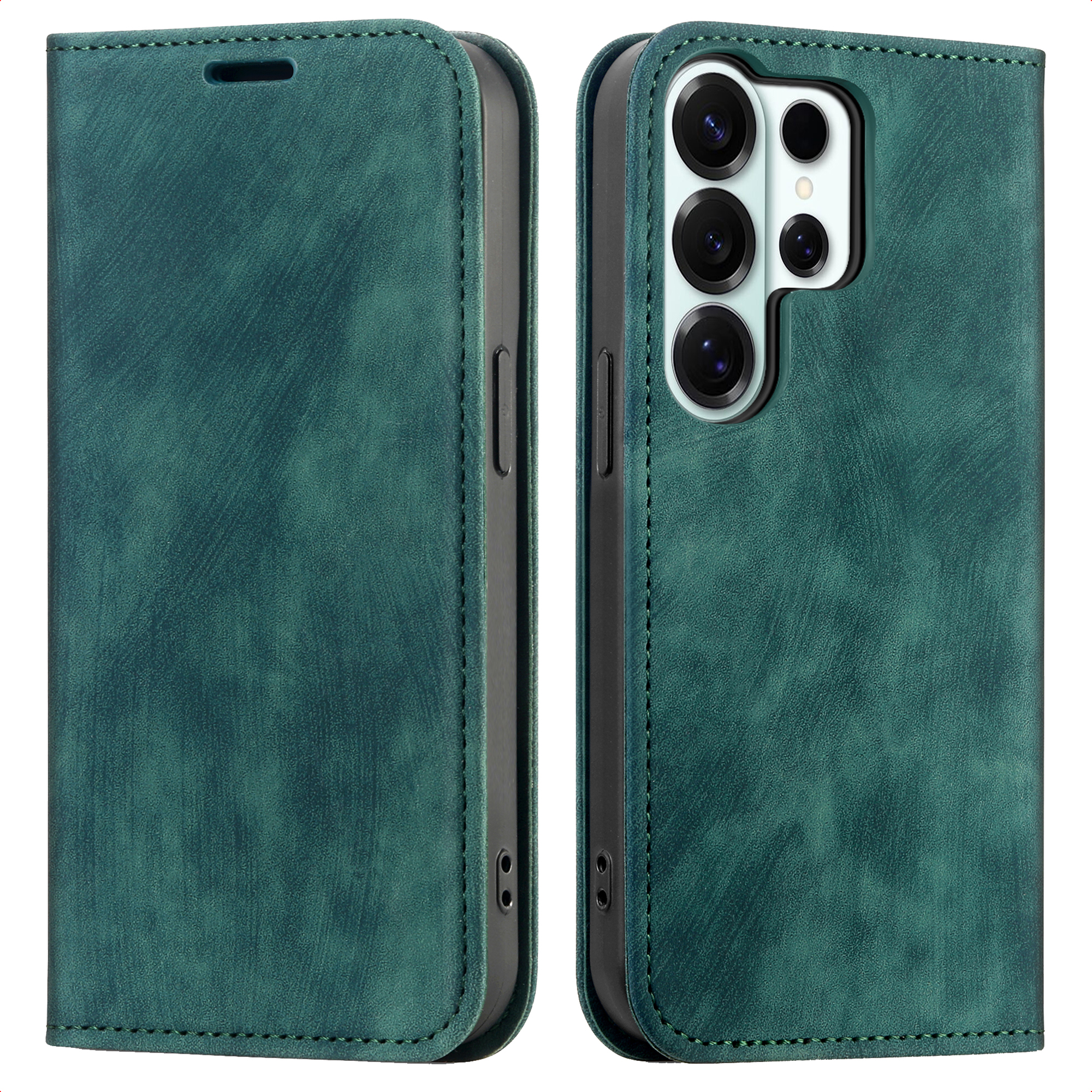Custodia per telefono verde con sporgenza fotocamera e cuciture.