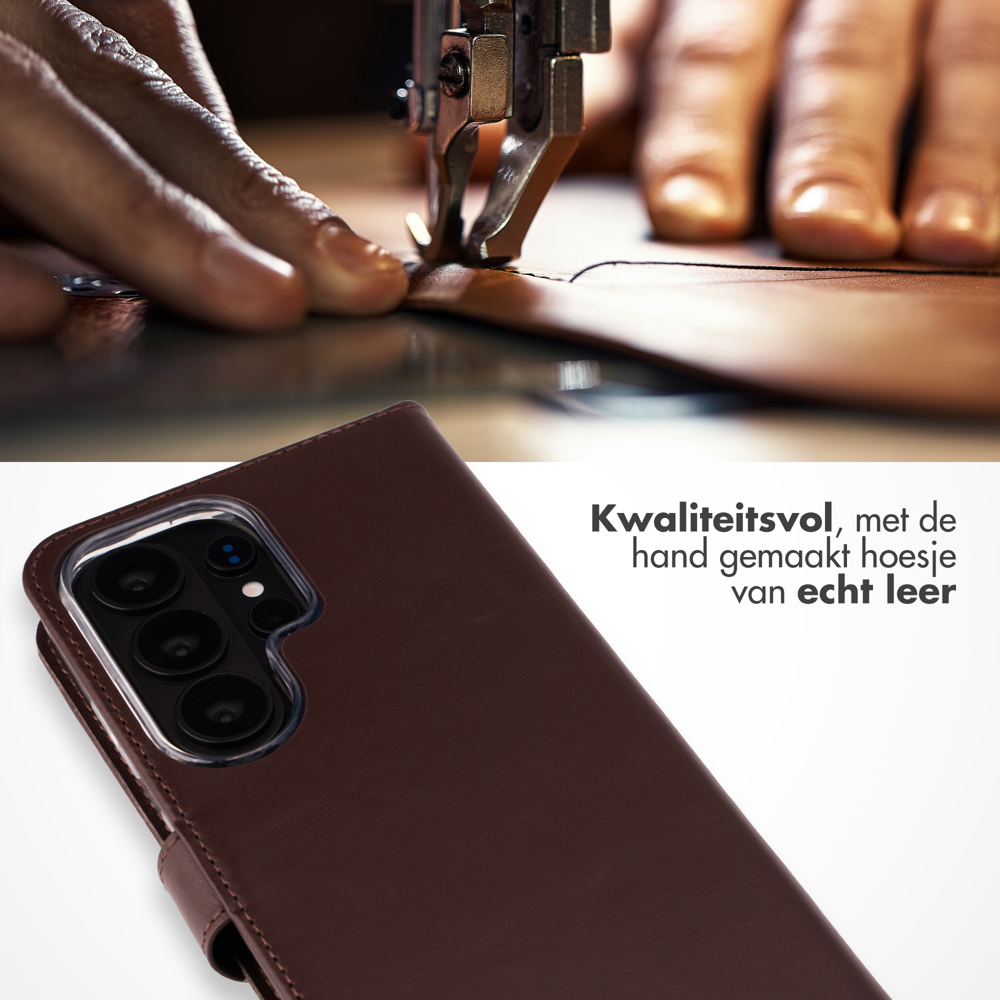 Handen naaien leer met machine, erboven bruine lederen telefoonhoes.