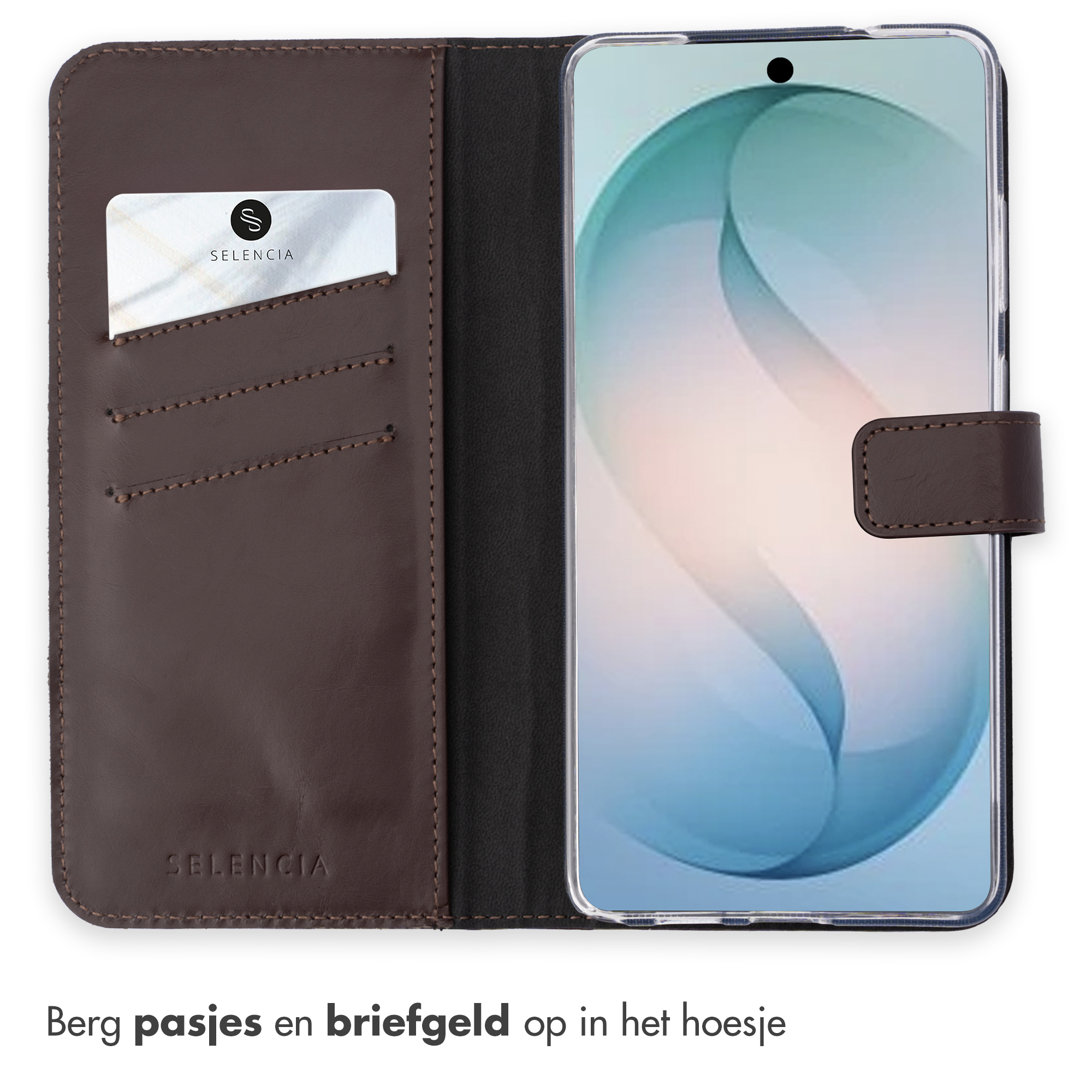 Bruine leren portemonnee hoesje met kaarthouders en een smartphone.