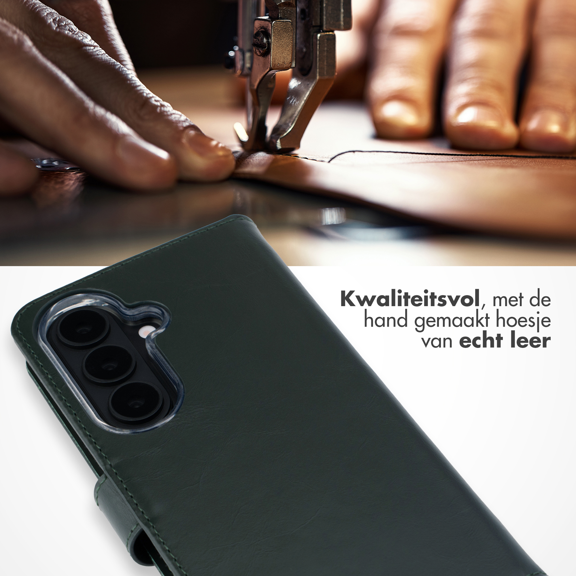 Mains cousant du cuir avec une machine. Étui de téléphone vert foncé.