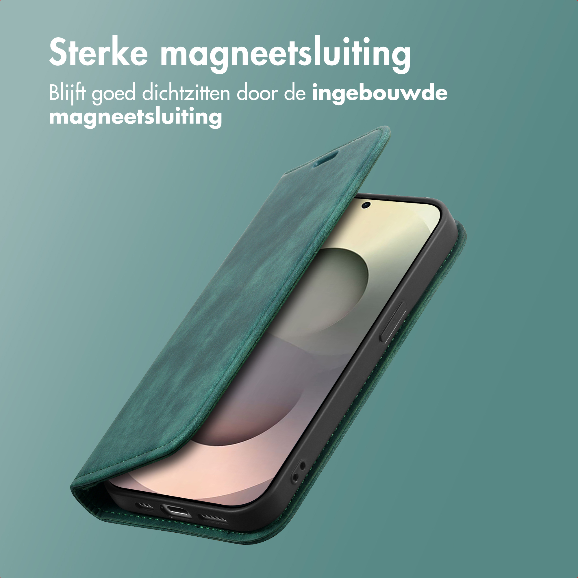 Custodia verde per telefono con chiusura magnetica, protegge uno smartphone.