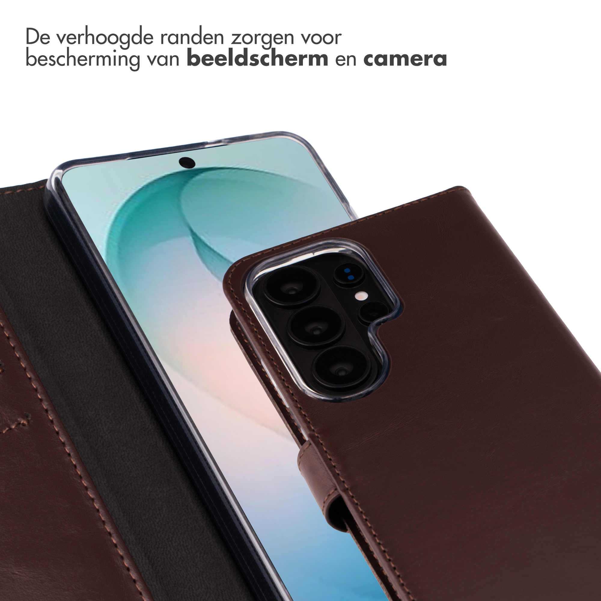 Bruine leren flipcase met verhoogde randen beschermt scherm en camera.