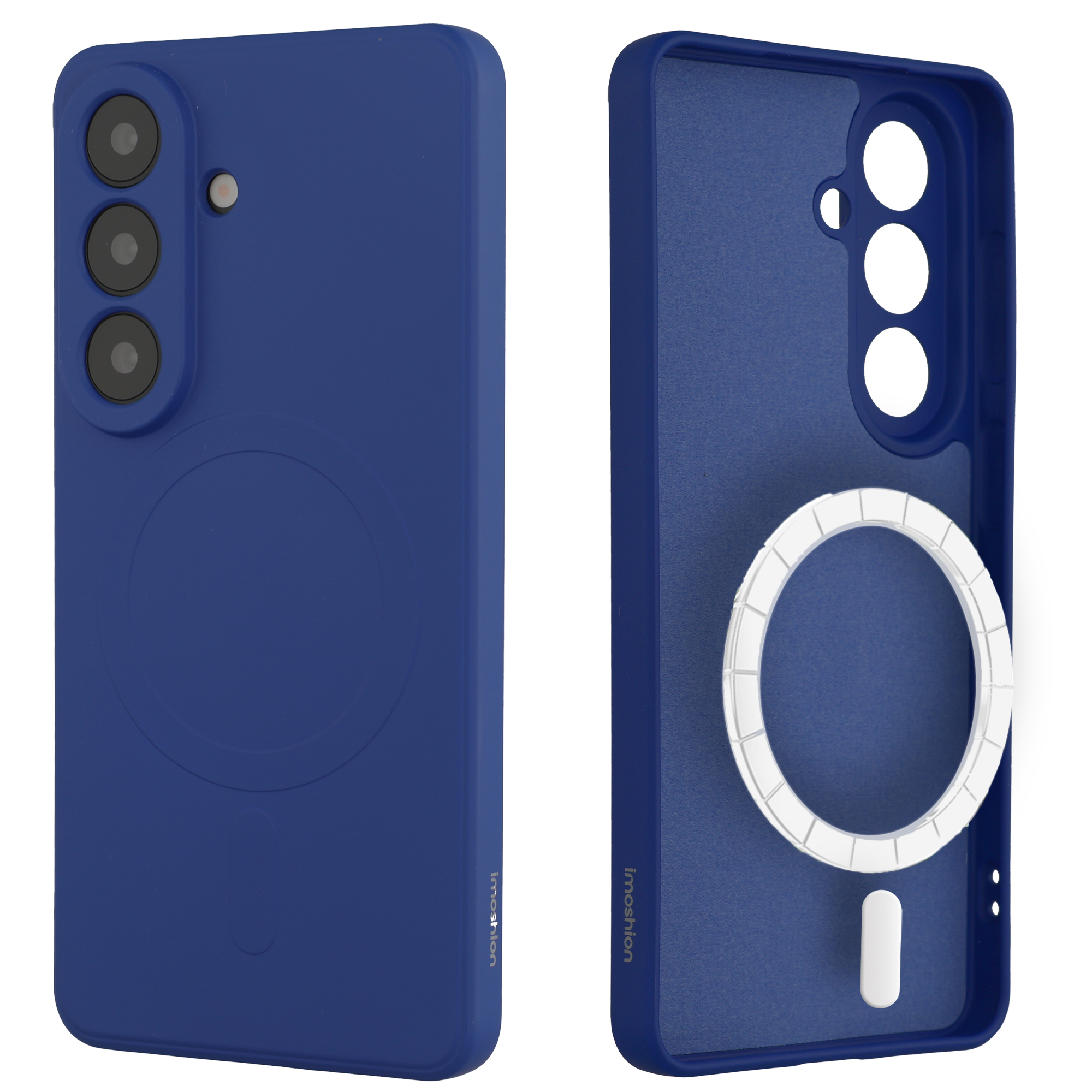 Een blauwe telefoonhoes, buitenkant met camera's en binnenkant met magneetring.