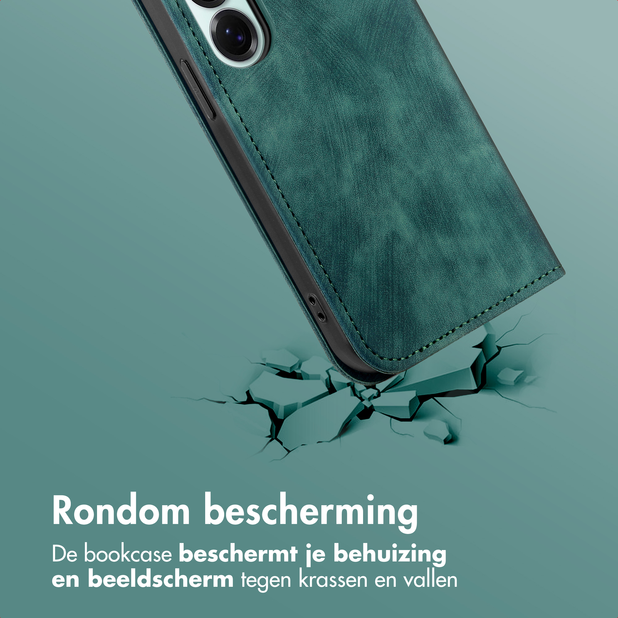 Una custodia verde per telefono cade su materiale incrinato.