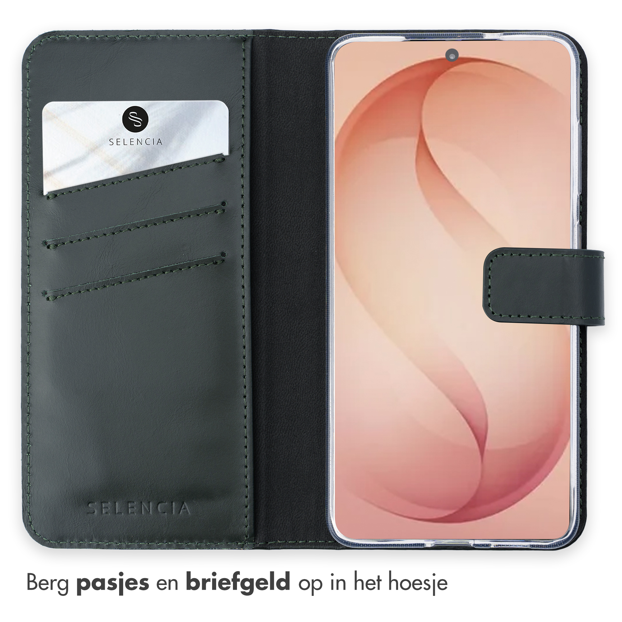 Étui portefeuille en cuir vert foncé pour smartphone avec fentes.