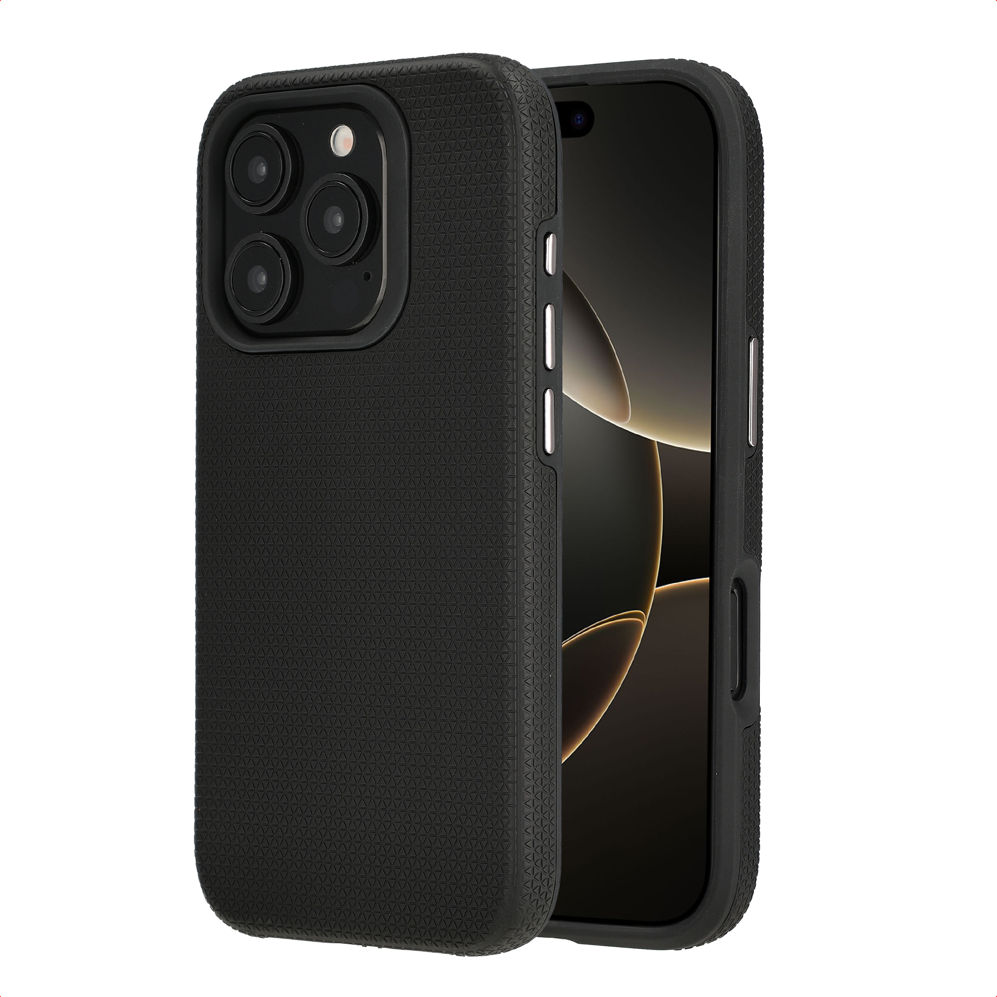 Coque de téléphone noire avec triple appareil photo et grip texturé.