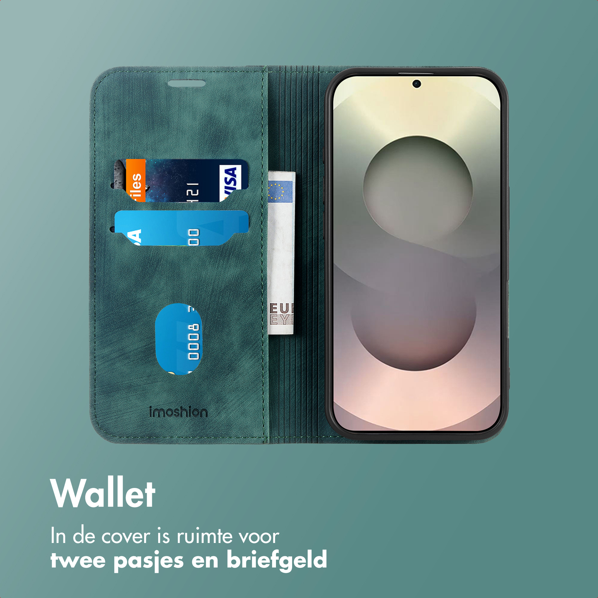 Custodia per telefono verde con slot per carte e telefono. Contiene carta Visa e banconota euro.