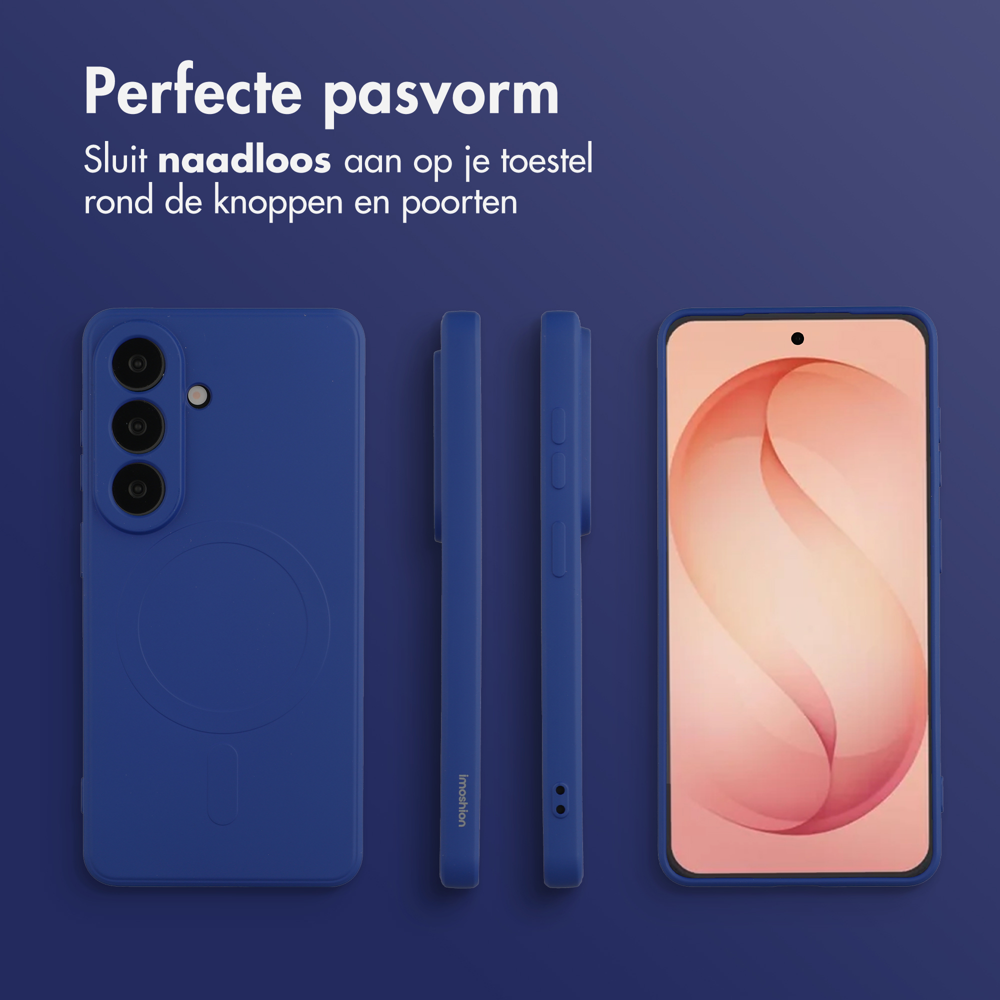 Blauw telefoonhoesje, zijaanzichten en voorzijde met roze achtergrond.