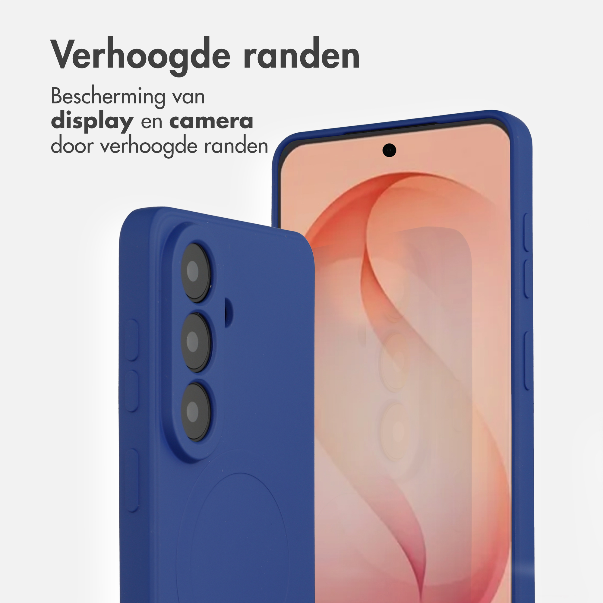 Blauwe telefoonhoes met verhoogde randen beschermt display en camera.